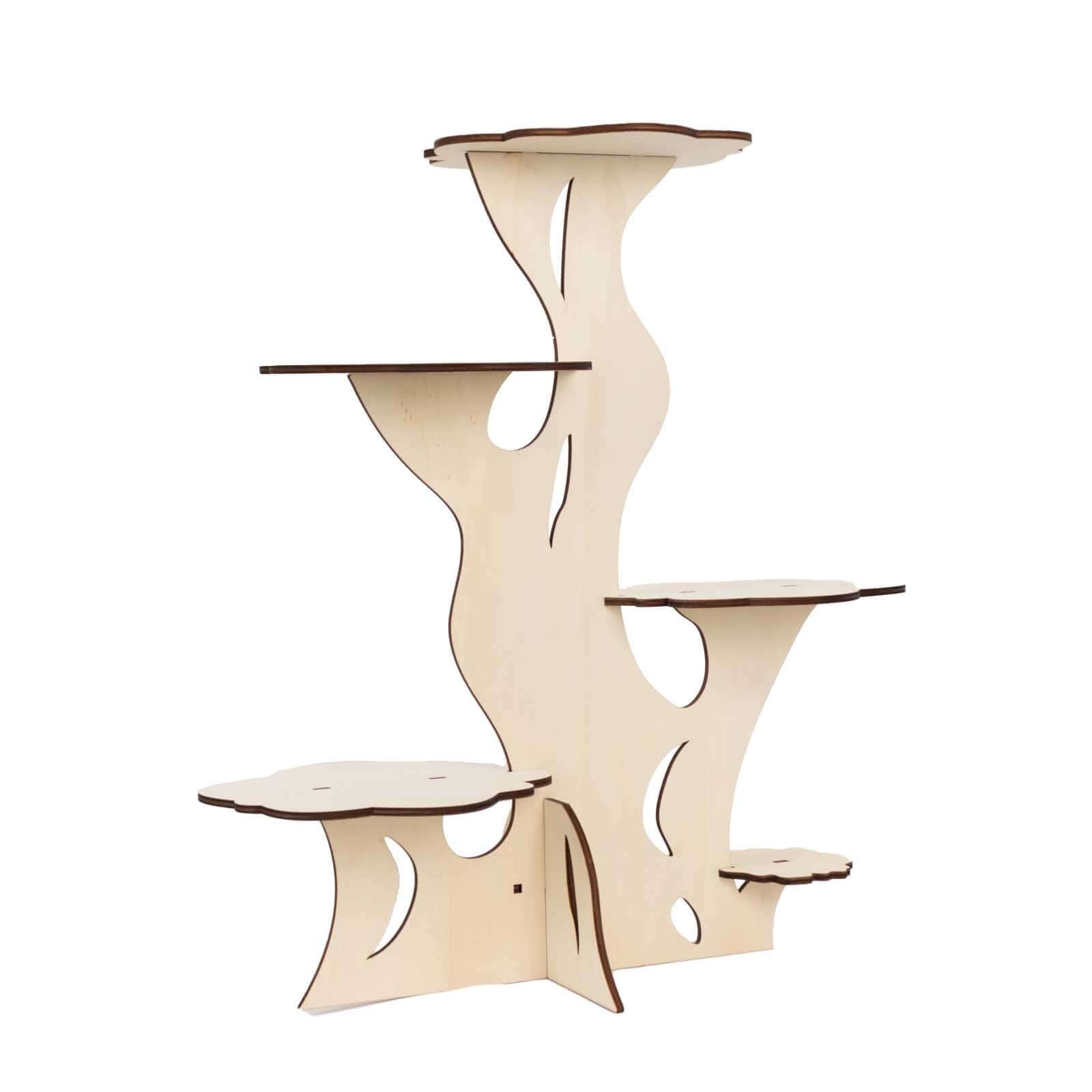 5-Tier Wooden Cake Stand Natural Tree Tower Design with Laser Cut Details - Rustic Cupcake Dessert Display 19" Tall