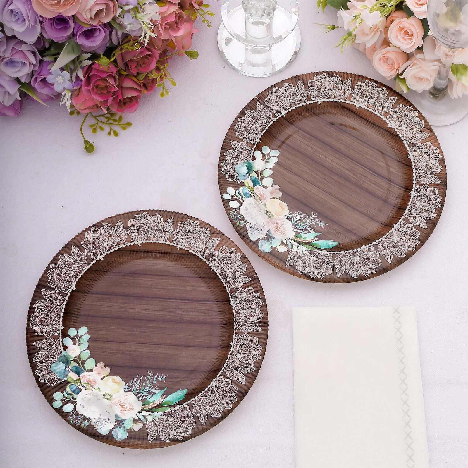 25-Pack Disposable Round Charger Plates in Brown Rustic Wood Print with Floral Lace Rim - Durable Paper Chargers for Rustic Themes & Outdoor Events 13"