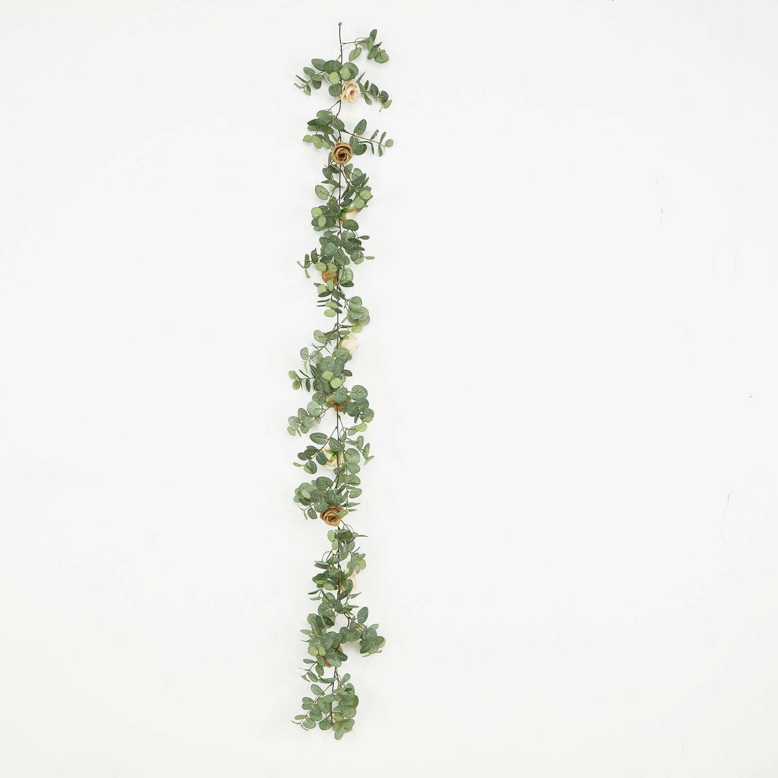 6ft Artificial Eucalyptus Garland with Cream/Gold Silk Roses – Faux Greenery Vine