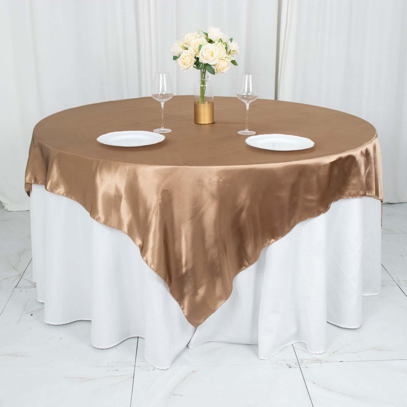 Satin 72"x72" Table Overlay Square Tablecloth Taupe - Smooth Finish Table Cover