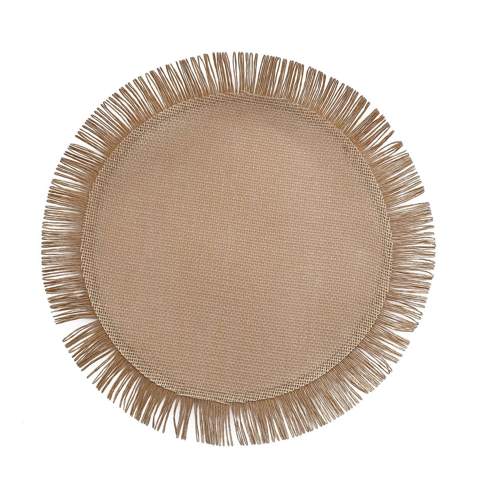 4-Pack Placemats Fringe Edge Design Natural Jute Round - Rustic Boho Chic Burlap Table Decor 16"