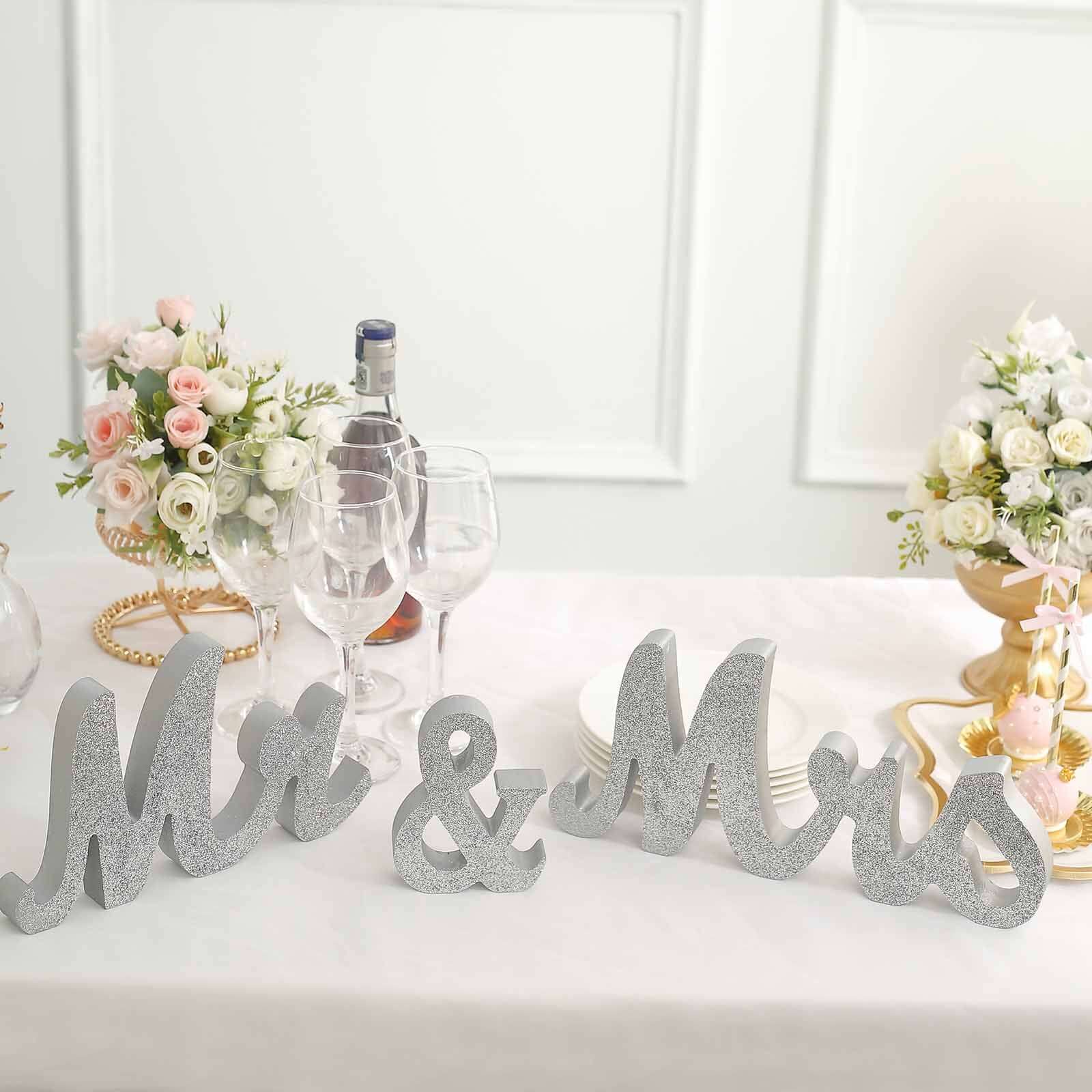 Wooden "Mr & Mrs" Freestanding Letters Silver Glittered - Rustic Glam Wedding Table Display Signs