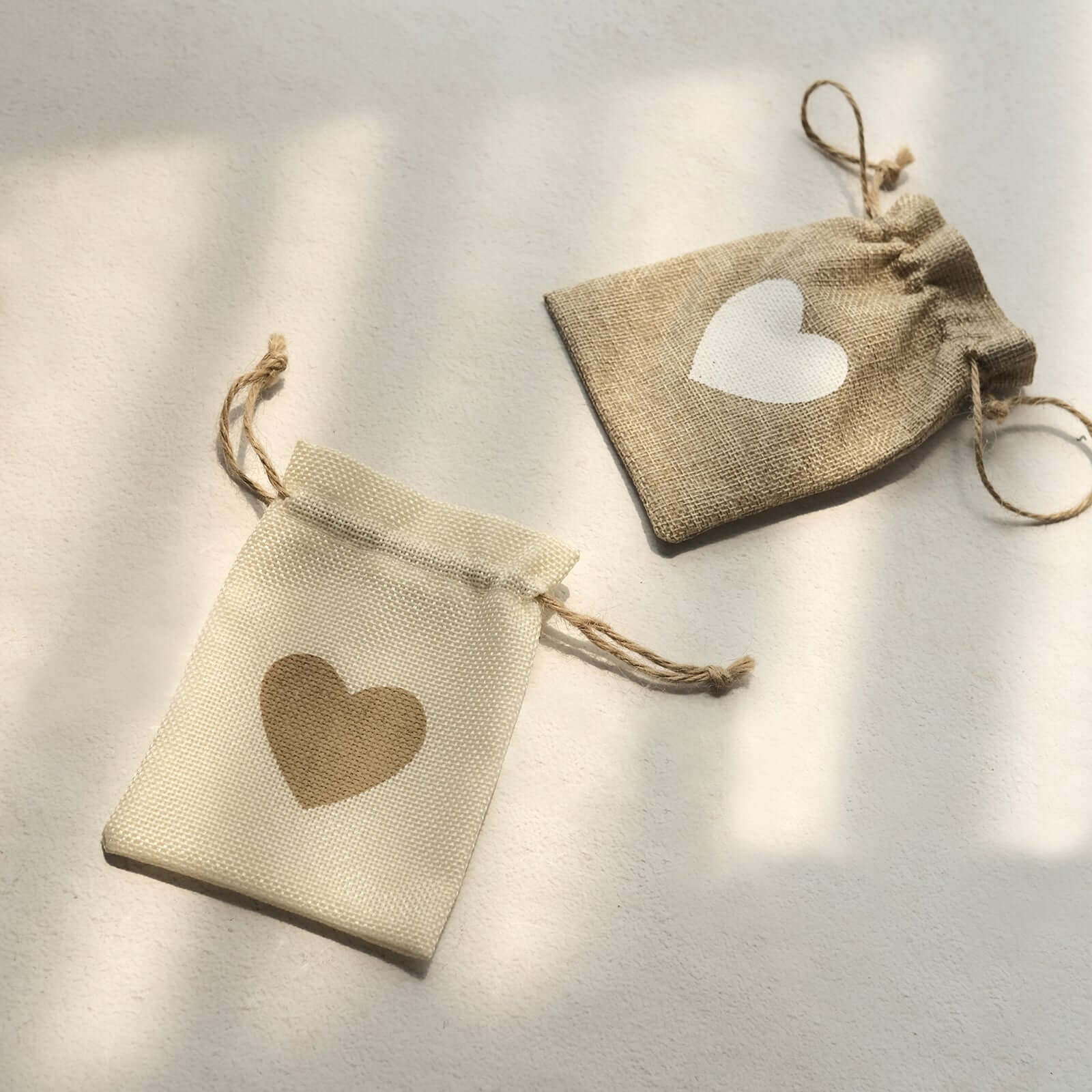 20 Pack 4"x5" Natural Ivory Heart Design Jute Burlap Gift Bags With Drawstring, Rustic Wedding Party Favor Bags