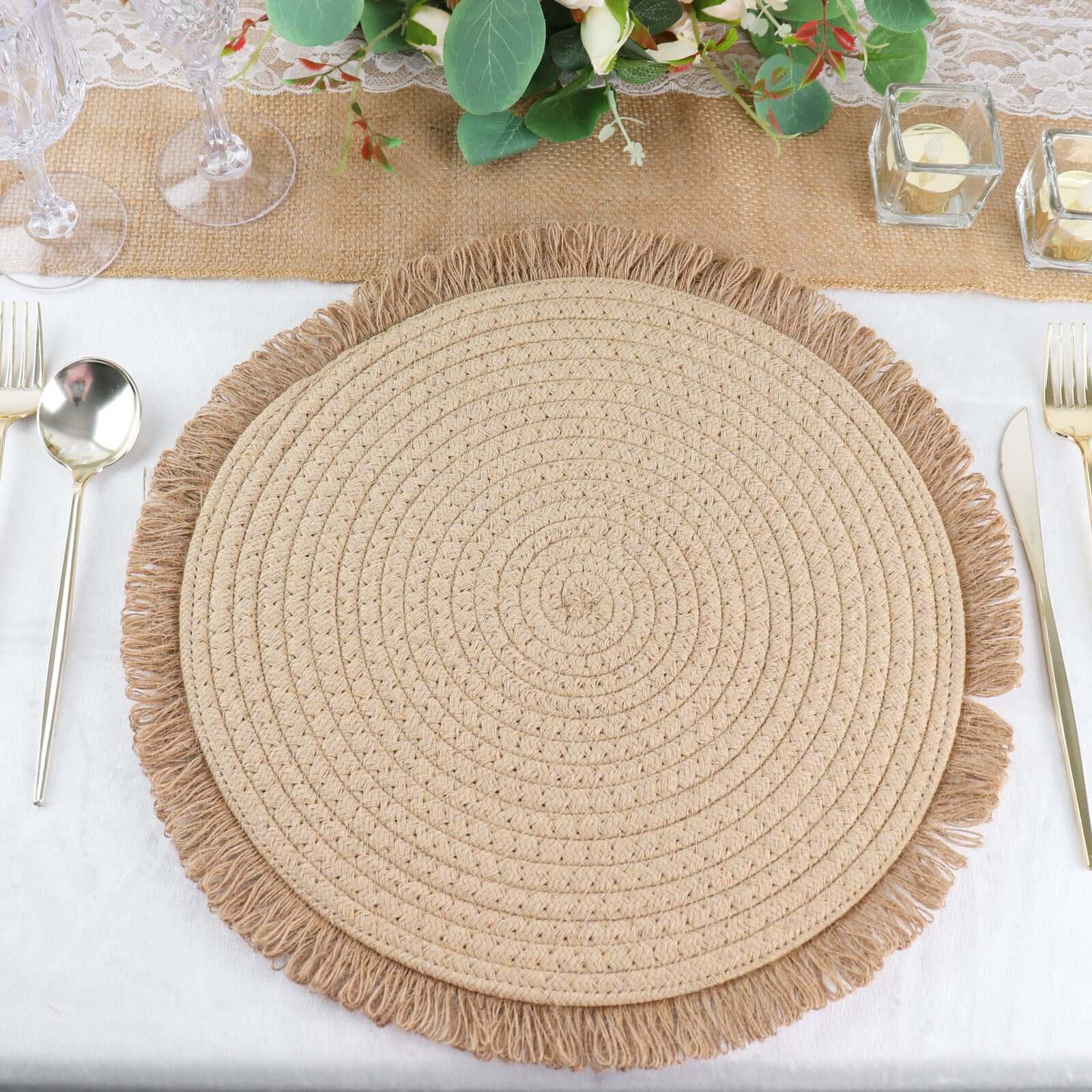 4-Pack Placemats Fringed Edge Design Natural Rustic Burlap Jute Round - Farmhouse Style Table Mats with Trim 15"