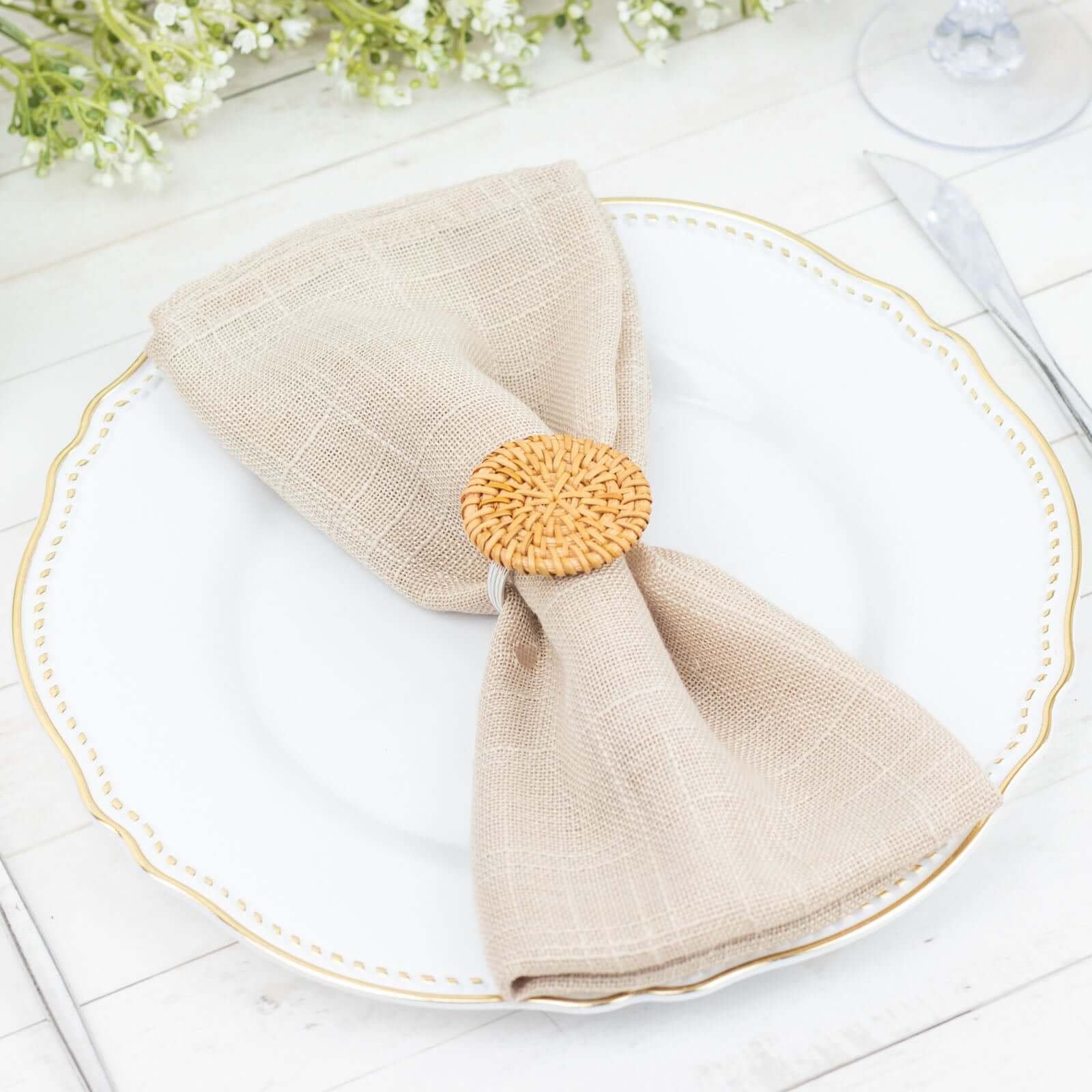 4 Pack 2" Natural Rustic Style Jute Rattan Metal Napkin Rings, Handmade Boho Chic Woven Serviette Buckle Holders