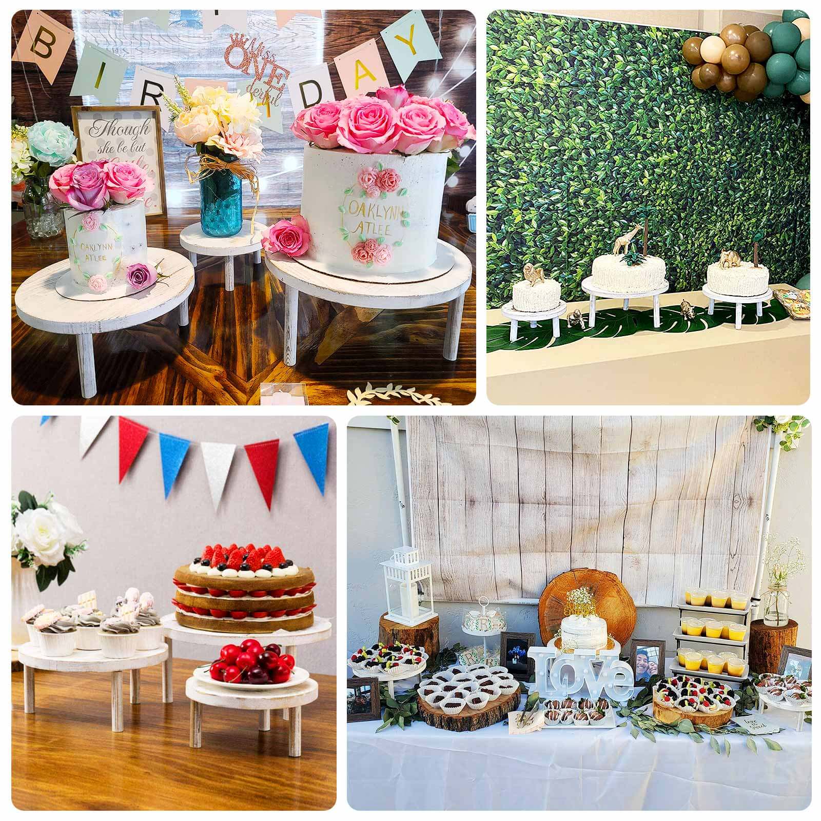 Set of 3 Wooden Pedestal Cake Stands Whitewash with Removable Legs - Stackable Round Rustic Plant Risers 7", 9.5", 12"