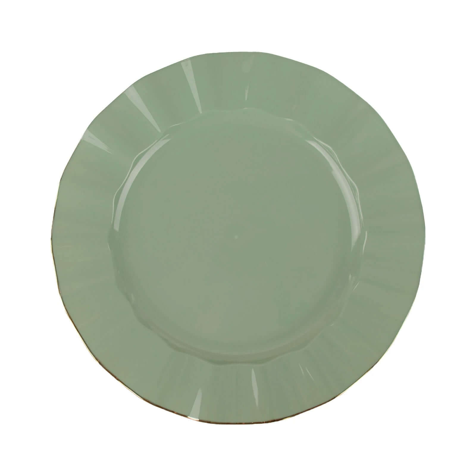 10-Pack Plastic 9" Round Dinner Plates in Dusty Sage Green Ruffled Rim with Gold Edging - Sturdy Disposable Dinnerware