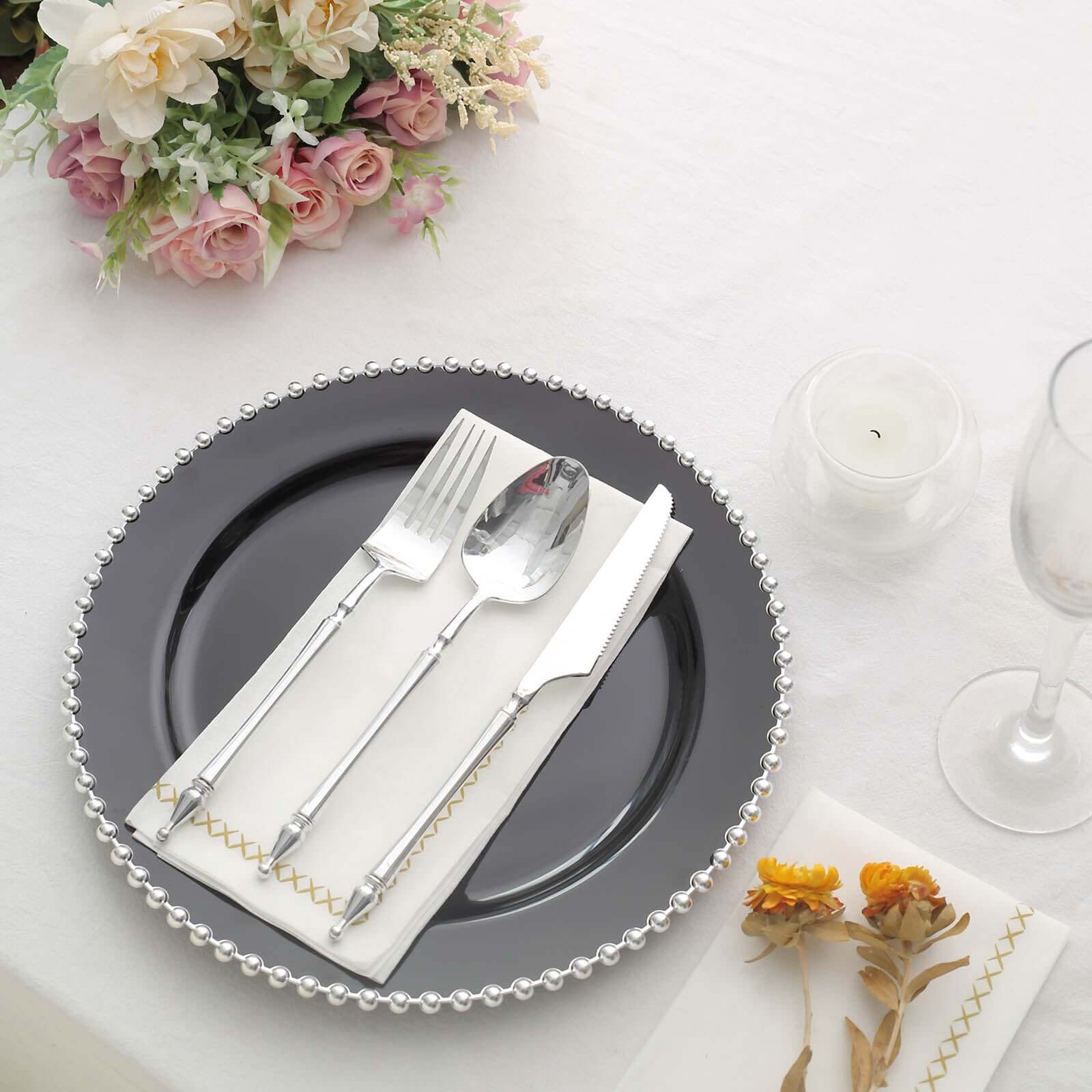 10-Pack Plastic 10" Round Dinner Plates in Black with Silver Beaded Rim - Disposable Party Plates for Banquets & Festive Occasions