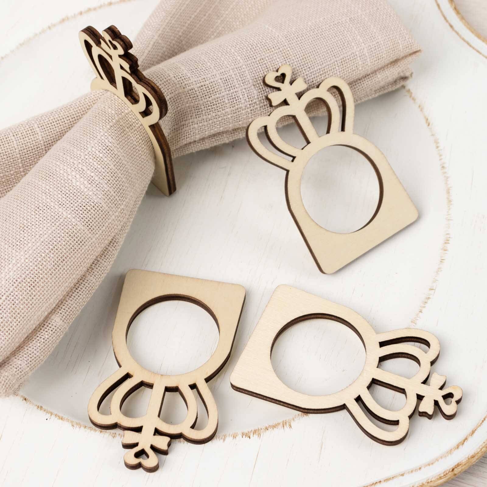 10 Pack Natural Wooden Princess Crown Farmhouse Napkin Holders, 3" Boho Rustic Napkin Rings