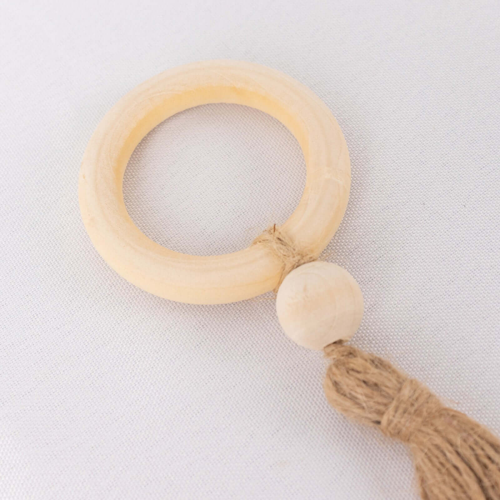 4 Pack Cream Wooden Napkin Rings with Woven Jute Beaded Tassel, Rustic Boho Chic Serviette Buckles