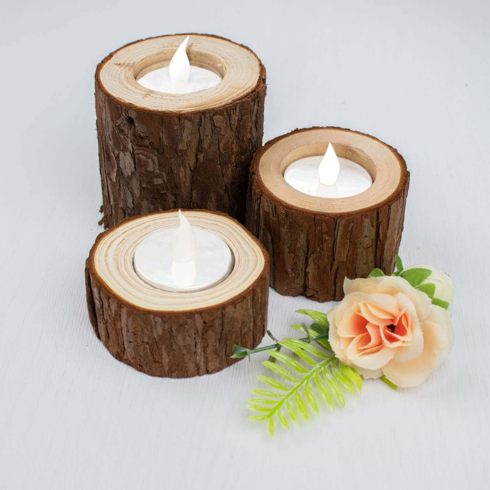 Set of 3 Rustic Wood Slice Votive Candle Holders - Tree Branch Wedding Table Décor 2.75", 1.5", 1.25"