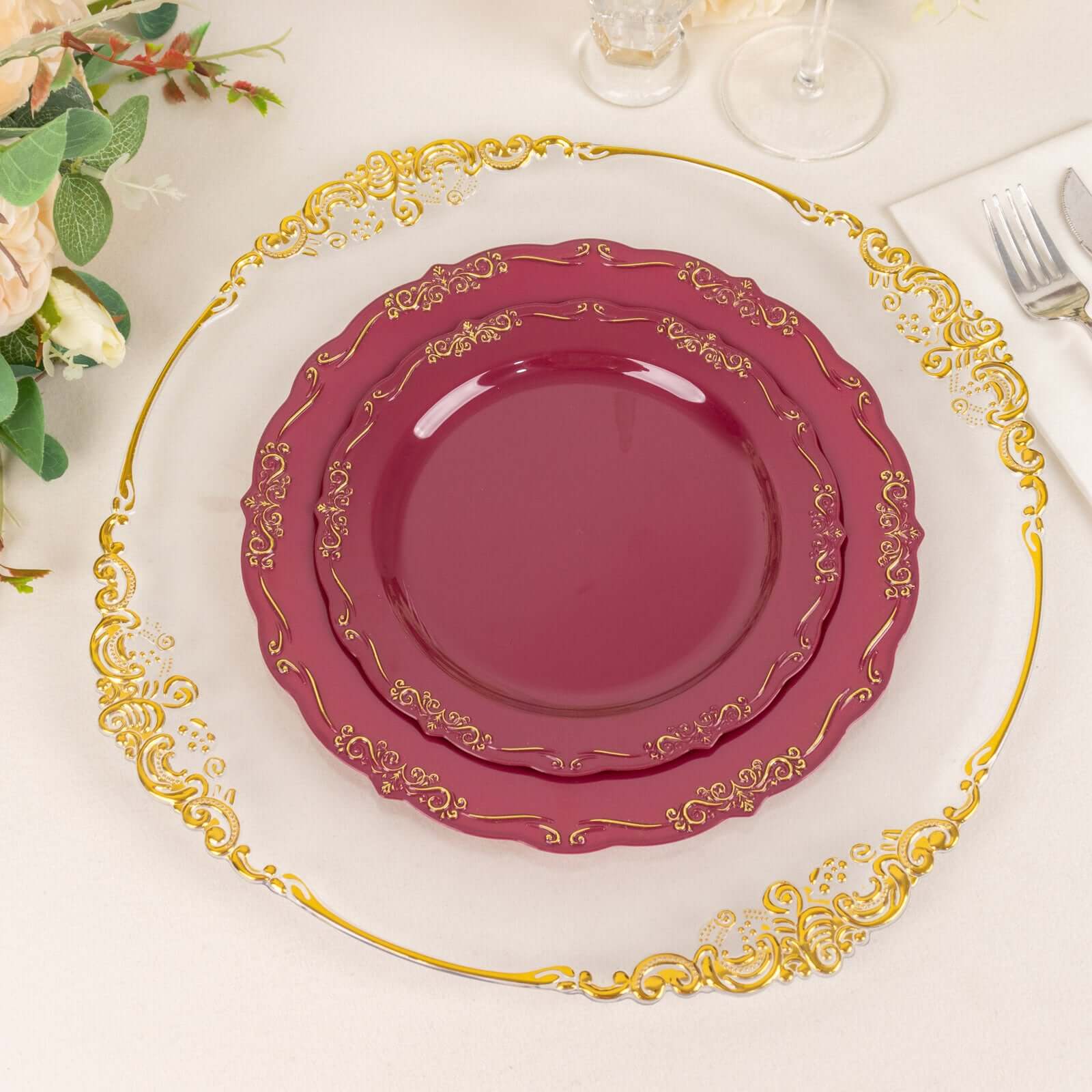 10-Pack Plastic 7" Round Dessert Plates in Burgundy with Gold Vintage Embossed Rim - Sturdy Disposable Scalloped Edge Salad Plates
