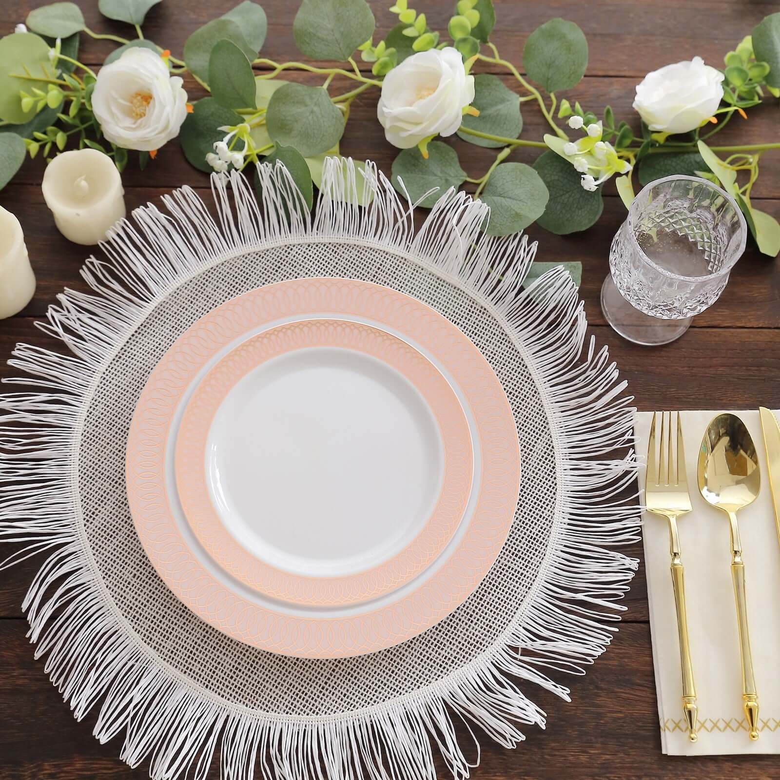 10-Pack Plastic Round Dinner Plates 10" White with Blush Rose Gold Spiral Rim - Chic Disposable Party Plates