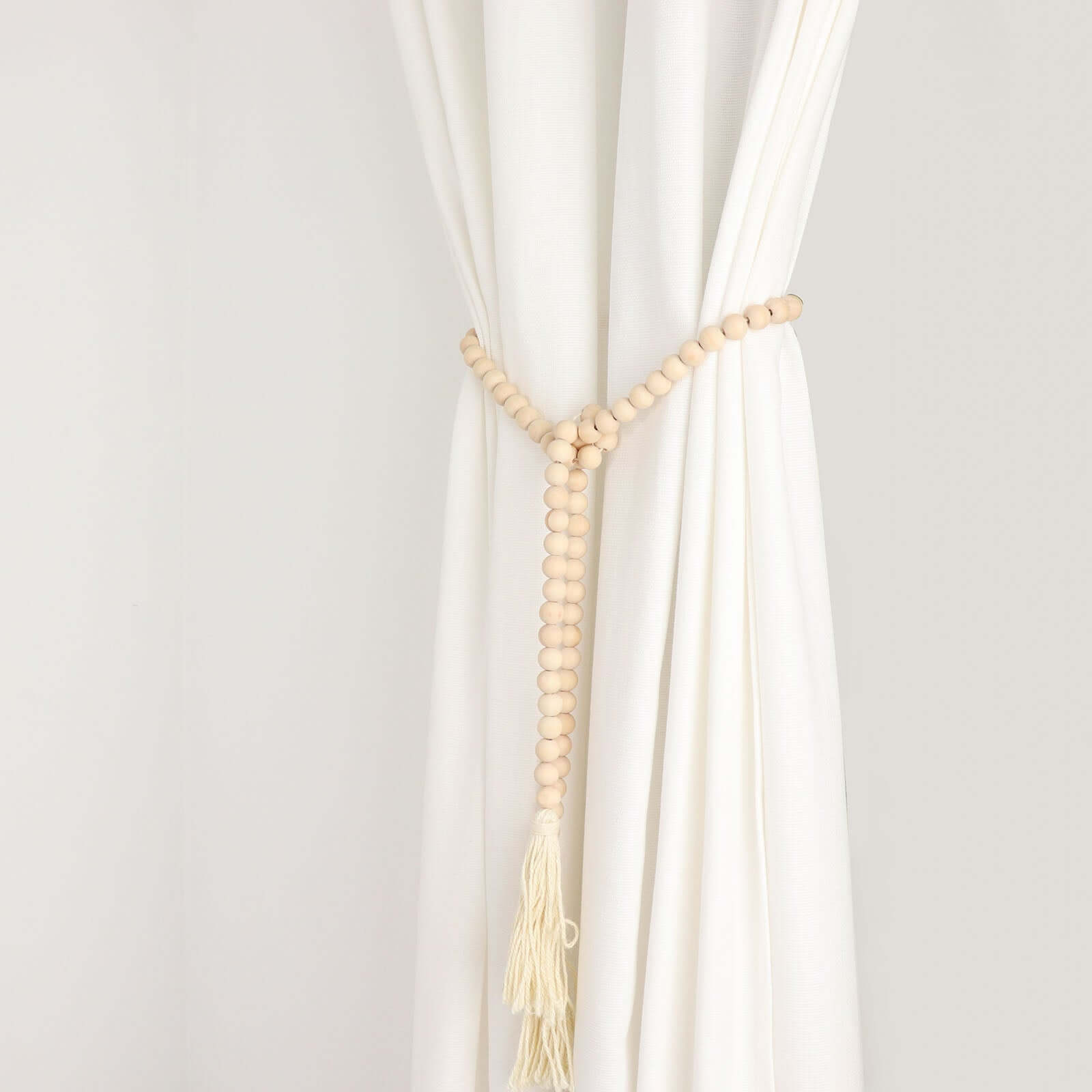 55" Cream Rustic Boho Chic Wood Bead Garland With Tassels, Farmhouse Country Wood Bead Chain