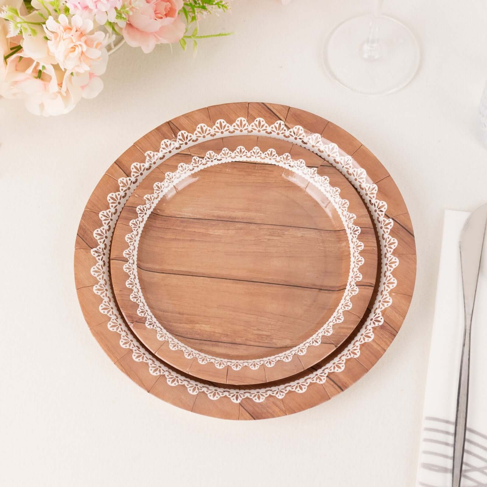 25-Pack Paper 7" Round Dessert Plates in Brown Wood Grain Print with White Floral Lace Rim - Disposable Appetizer Salad Plates for Rustic Farmhouse Style Events