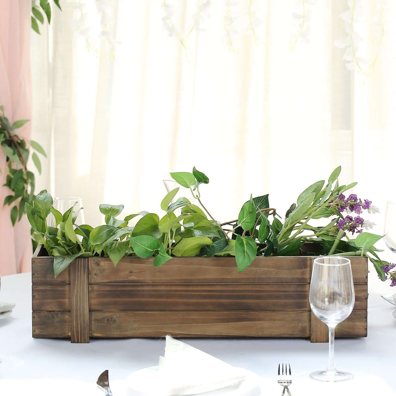 Rustic Wood Planter Box Smoked Brown - Durable Event Decor with Removable Plastic Liner 24"x6"