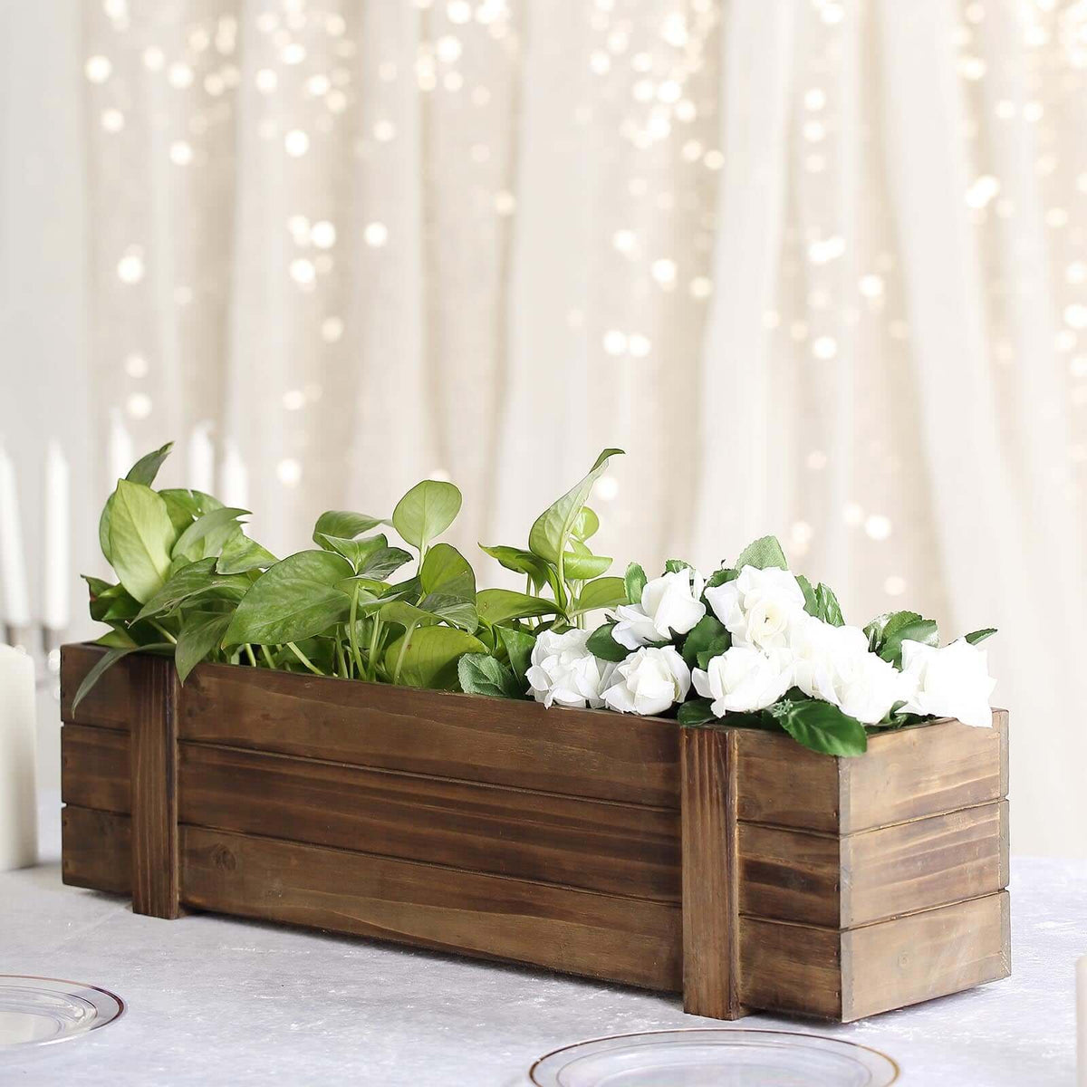 Rustic Wood Planter Box Smoked Brown - Durable Event Decor with Removable Plastic Liner 24"x6"