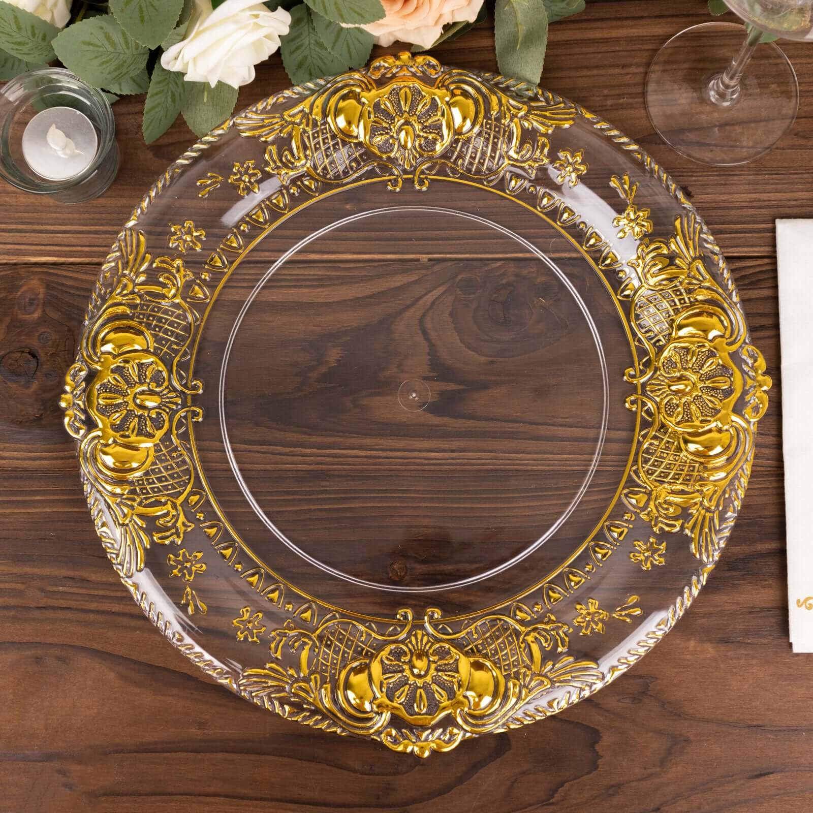 6-Pack Plastic Round Charger Plates 13" in Clear with Gold Florentine Embossed Rim, Exquisite Dinner Serving Plates