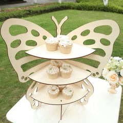 3-Tier Wooden Cupcake Stand Butterfly Design Natural - Rustic Dessert Display Shelf Rack 24"