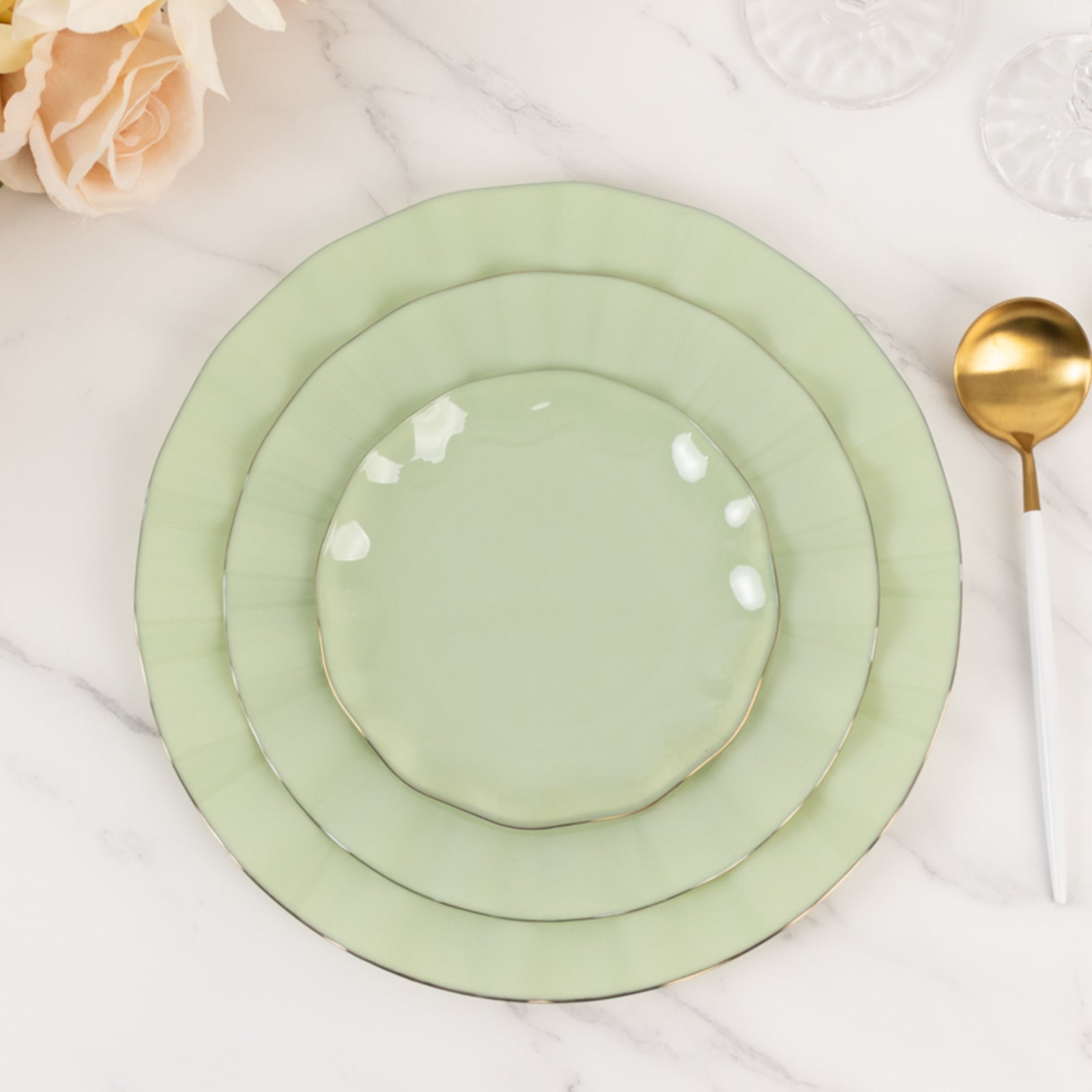 10-Pack Plastic Round 6" Dessert Plates in Sage Green Ruffled Rim with Gold Edging - Sturdy Disposable Salad Appetizer Dinnerware