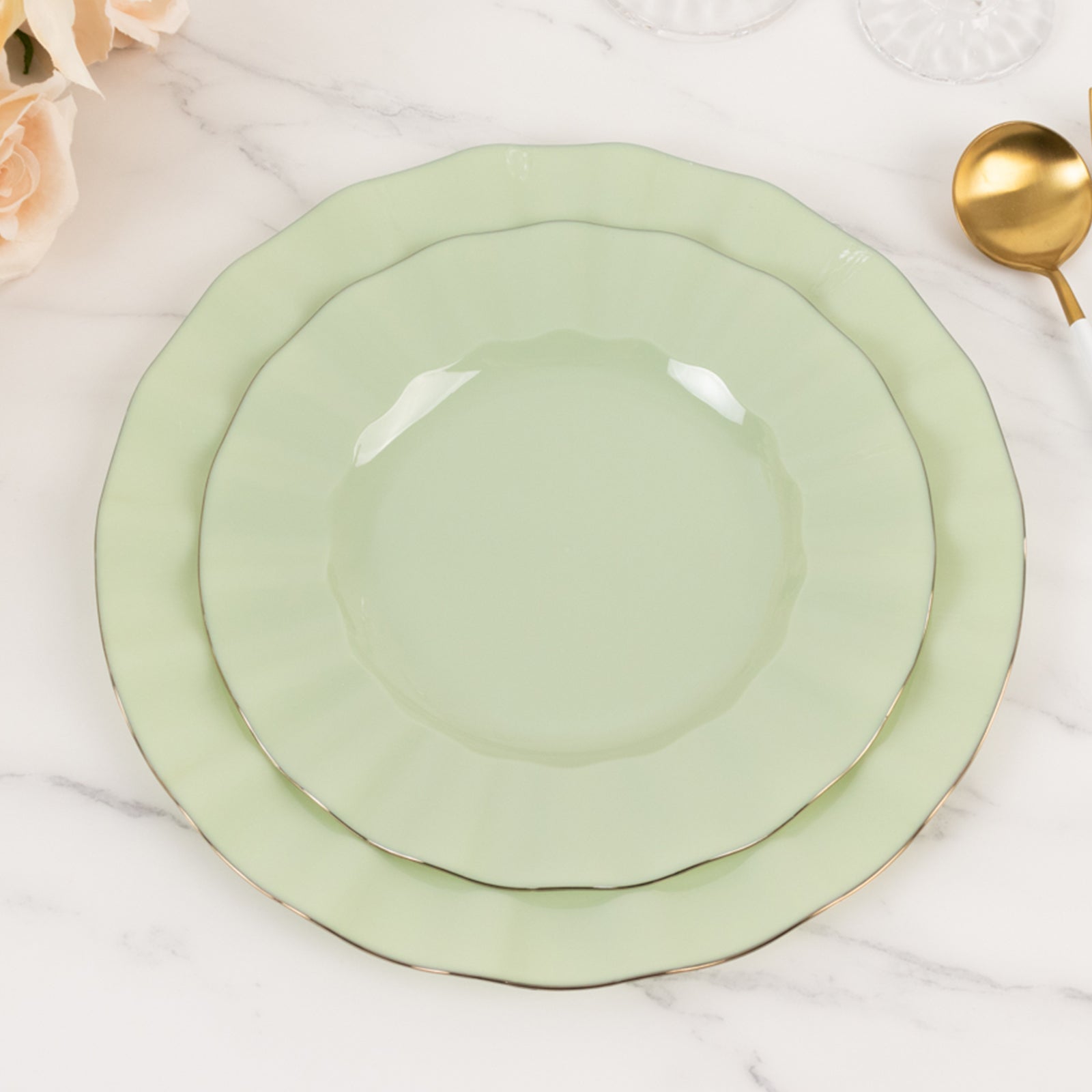 10-Pack Plastic 9" Round Dinner Plates in Sage Green Ruffled Rim with Gold Edging - Sturdy Disposable Dinnerware