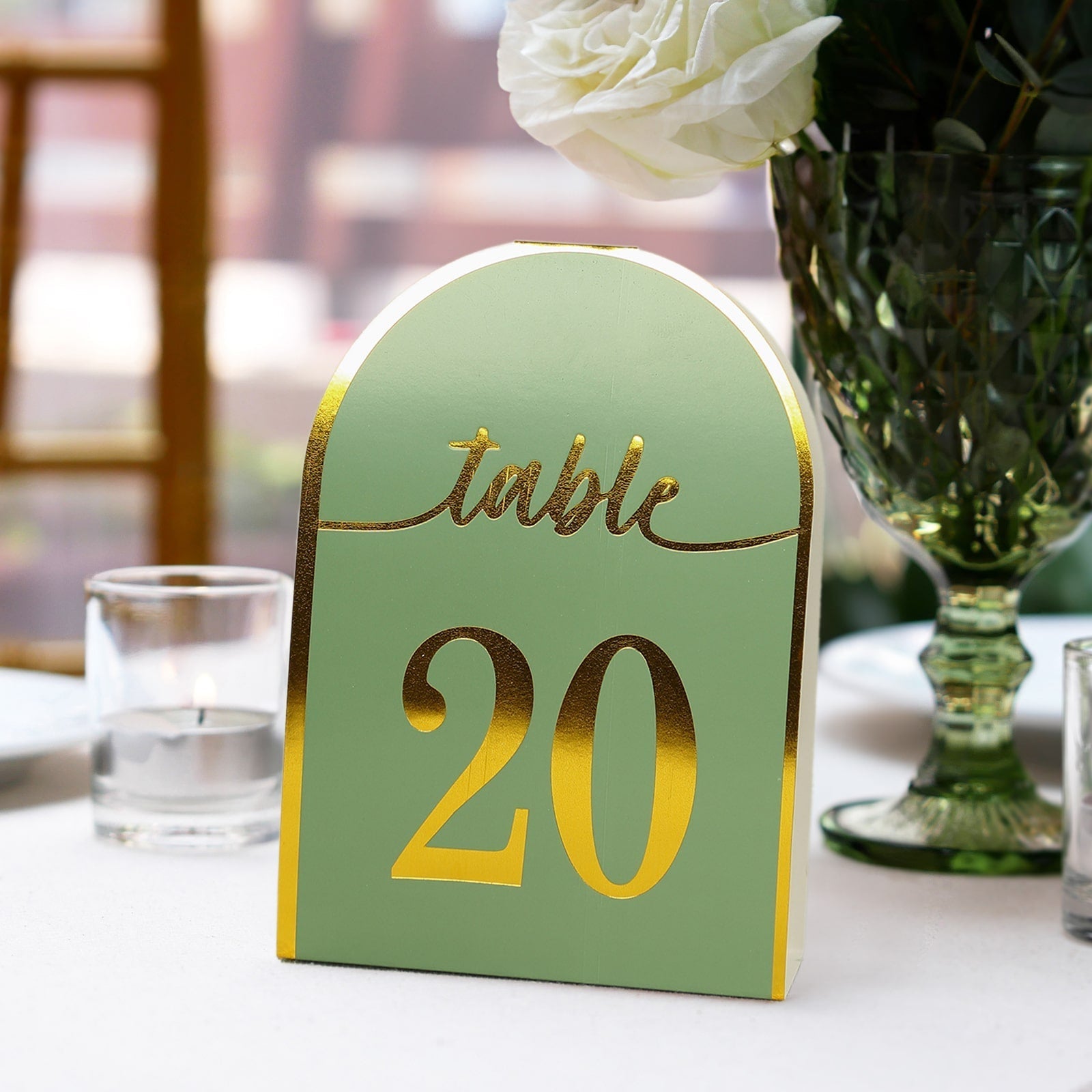 25-Pack 7" Disposable Table Numbers, Sage Green Free Standing Double Sided Table Number Place Cards with Metallic Gold Foil Numbers 1-25