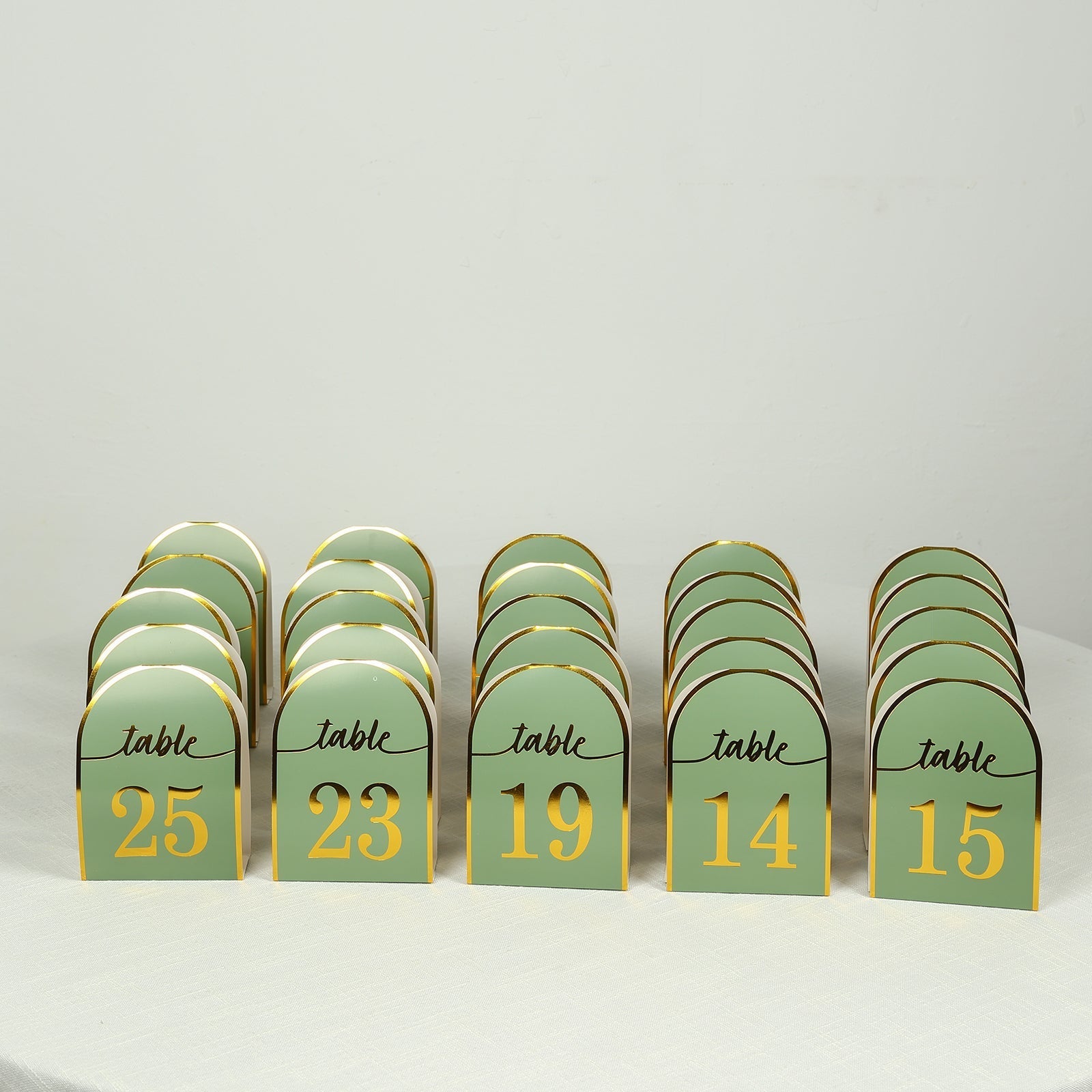 25-Pack 7" Disposable Table Numbers, Sage Green Free Standing Double Sided Table Number Place Cards with Metallic Gold Foil Numbers 1-25