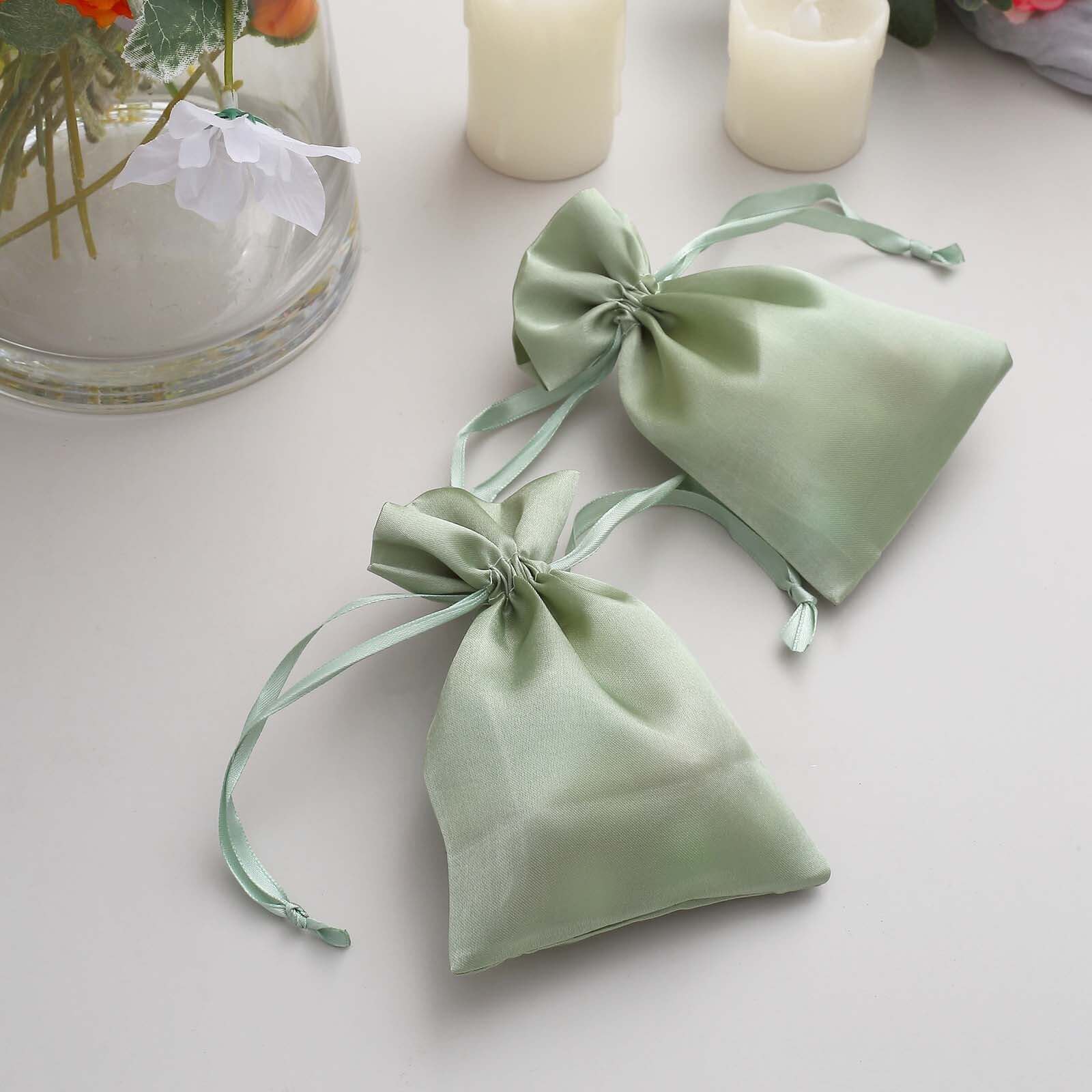 12 Pack 4"x6" Sage Green Satin Drawstring Wedding Party Favor Gift Bags