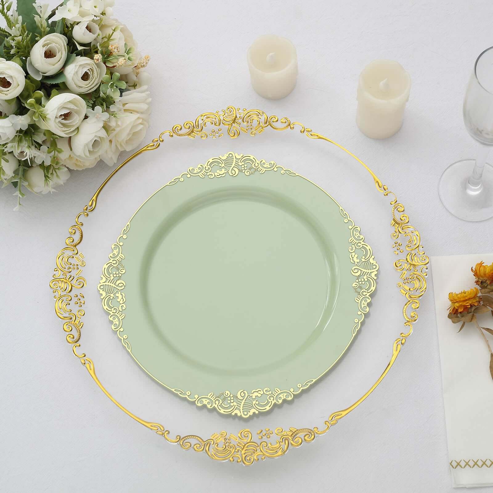 10-Pack Plastic 10" Round Dinner Plates in Sage Green with Gold Leaf Embossed Rim - Disposable Vintage Baroque Style Plates