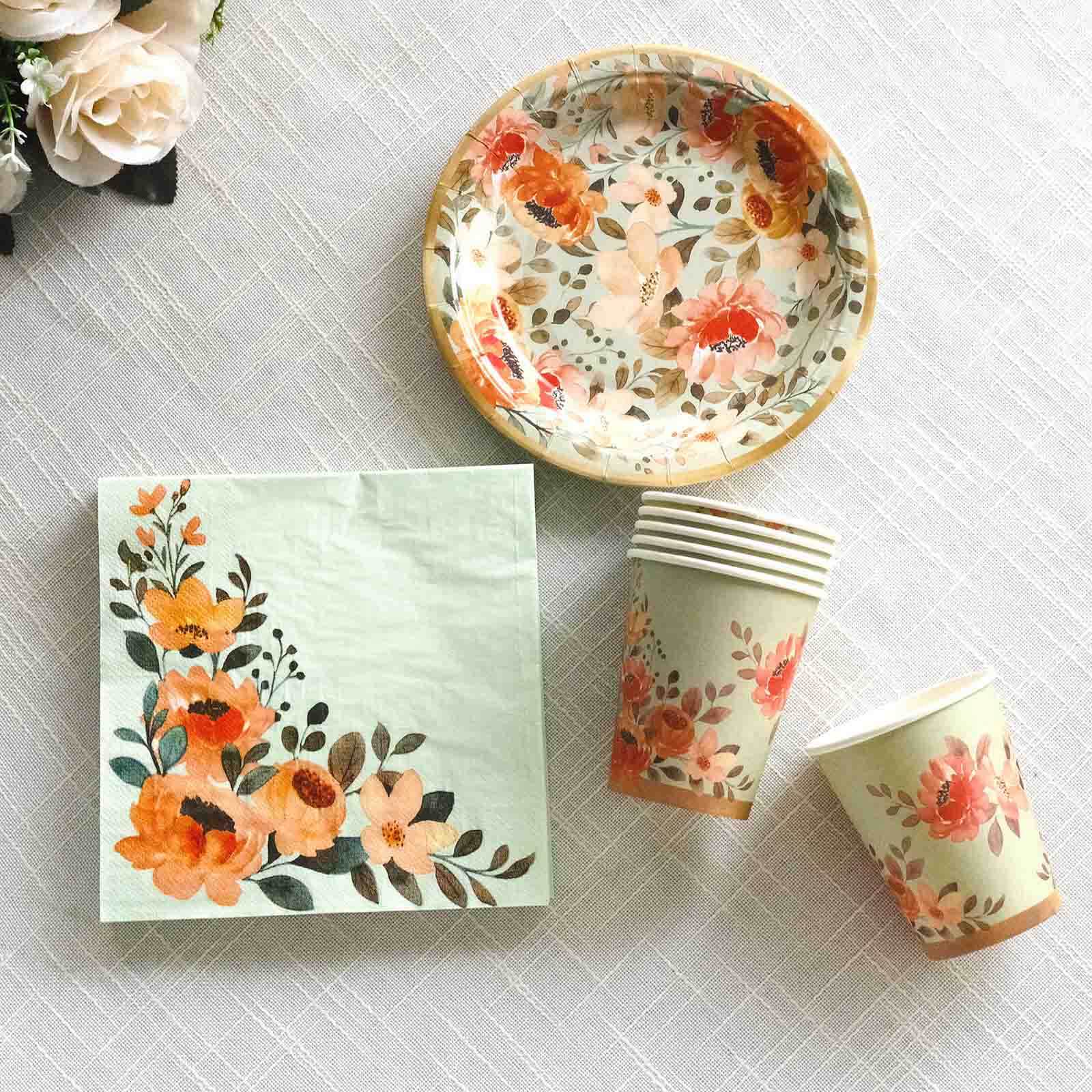 72 Pcs Paper Dinnerware Set with Pink Floral Print Sage Green - Disposable Tableware Combo-Pack with Plates and Cups