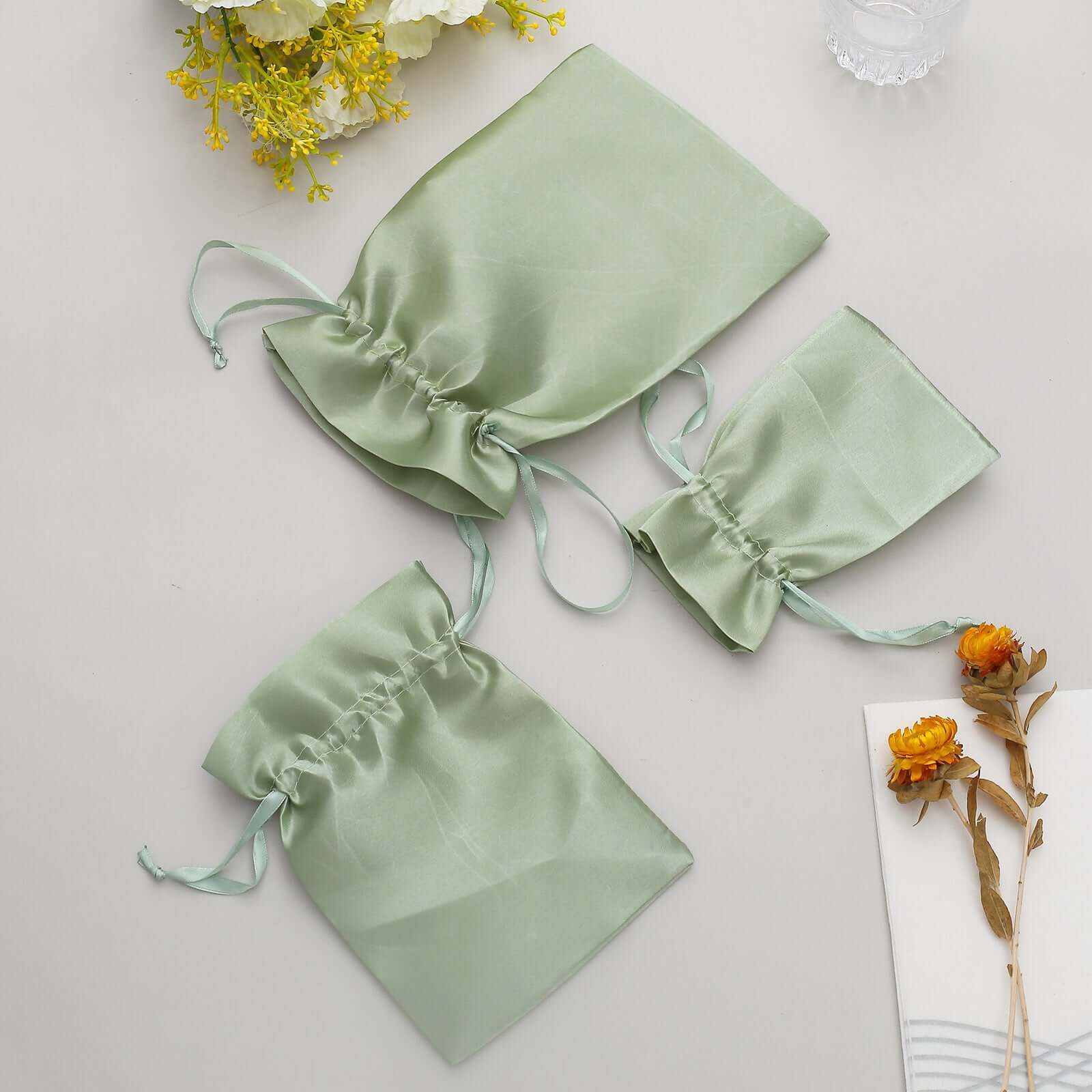 12 Pack 4"x6" Sage Green Satin Drawstring Wedding Party Favor Gift Bags