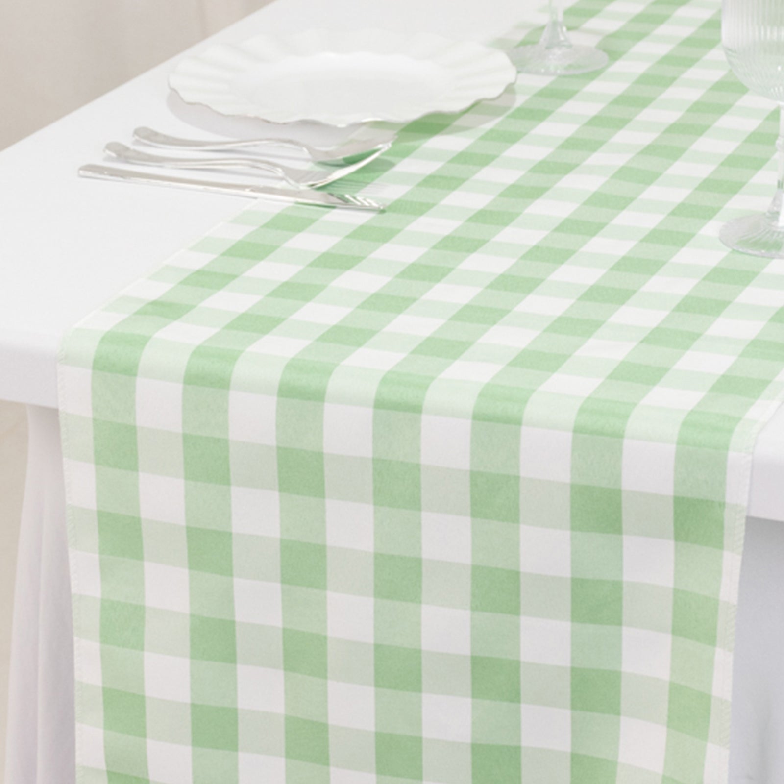 Polyester 14"x108" Table Runner Sage Green/White - Gingham Plaid Design