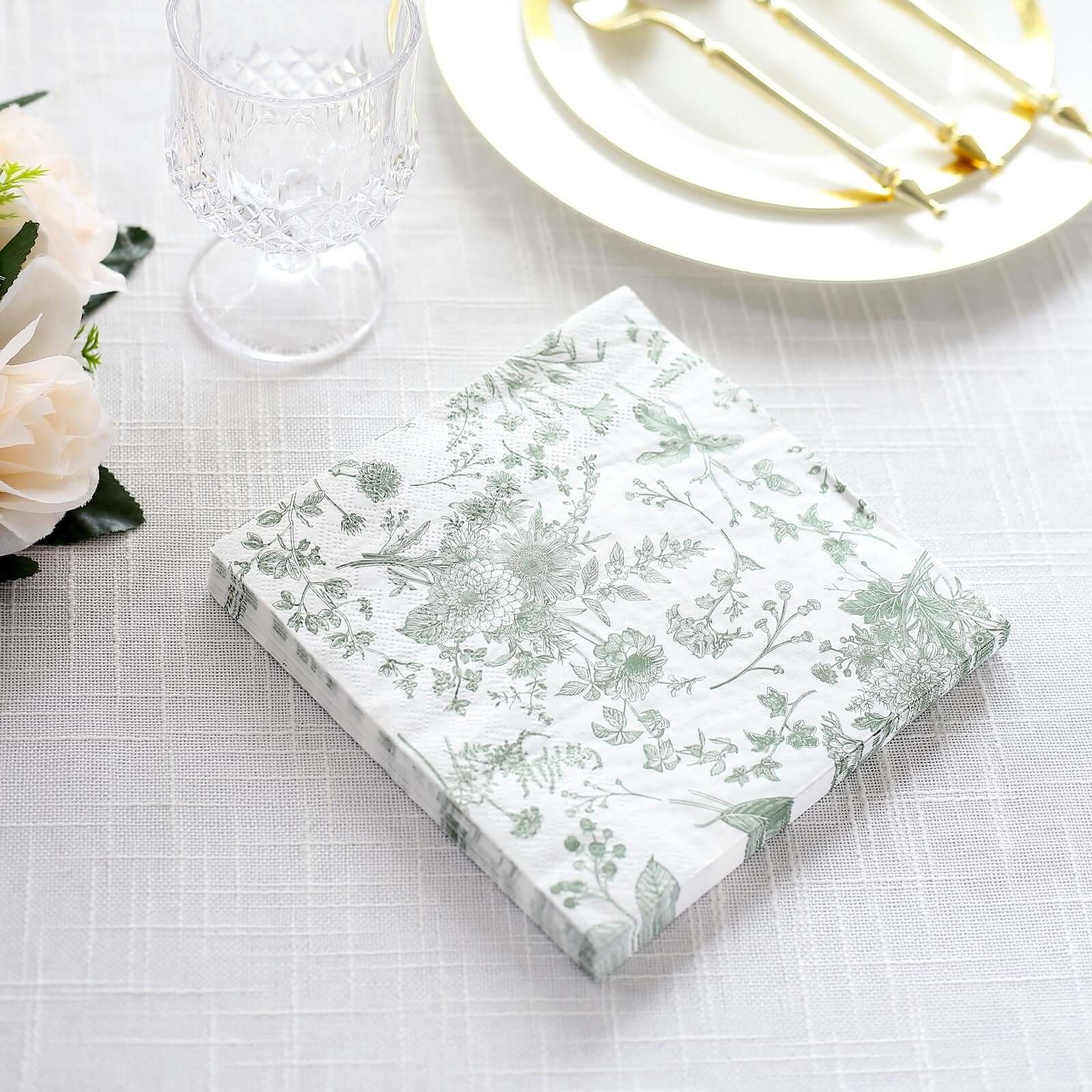 20-Pack Paper Cocktail Napkins with French Toile Print White/Sage Green - Disposable 2 Ply Beverage Napkins for Events 6.5"x6.5"