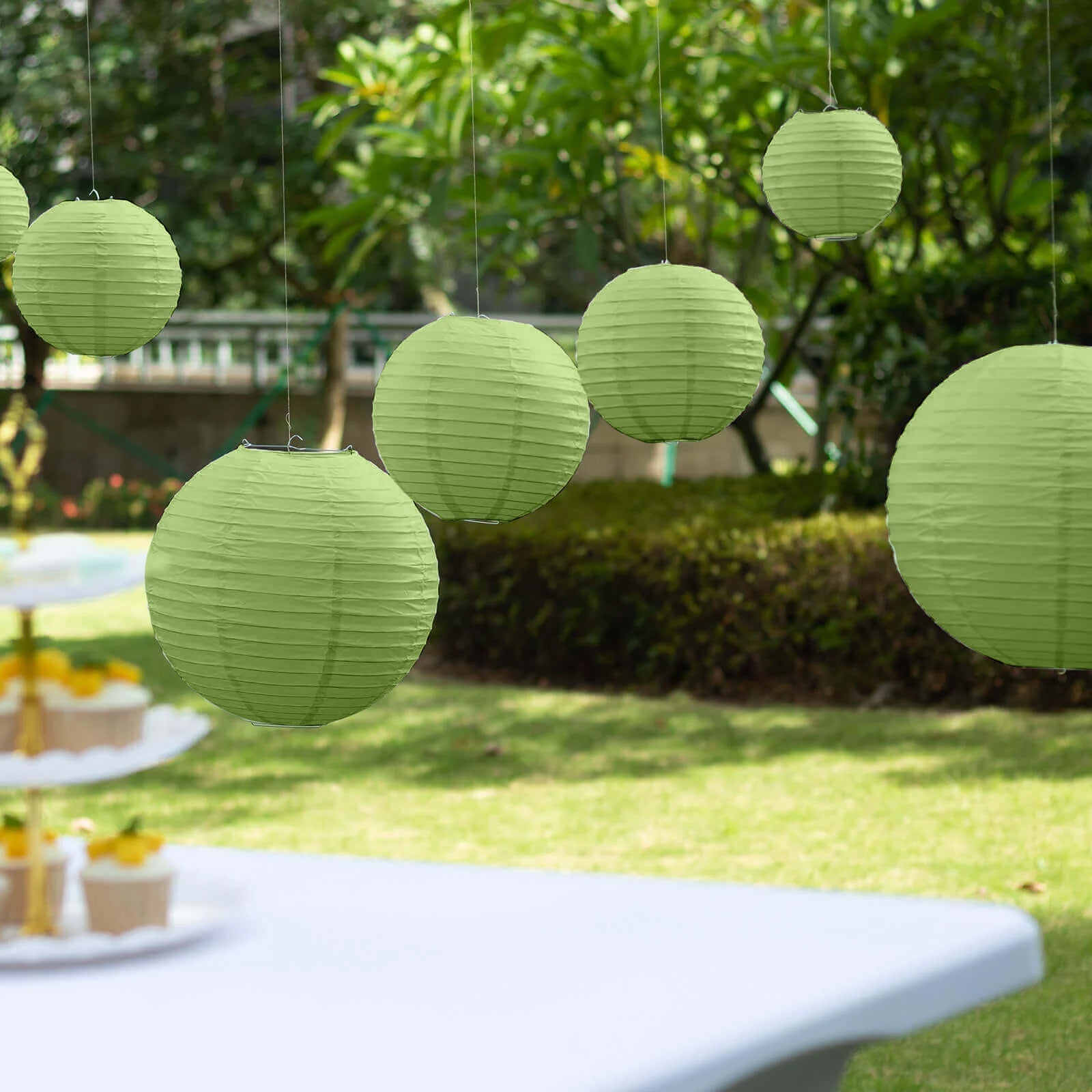 Set of 8 Sage Green Hanging Paper Lanterns, Decorative Round Chinese Sky Lanterns, Assorted Sizes  - 6",8",10",14"