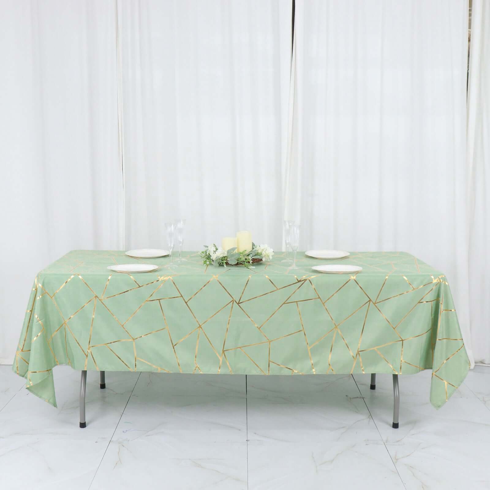 Polyester 60"x102" Rectangle Tablecloth Sage Green with Gold Foil Geometric Pattern - Wrinkle-Resistant & Durable Table Cover