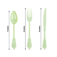 72 Pcs Plastic Silverware Set in Baroque Style Sage Green - Heavy Duty Disposable Knife, Fork, and Spoon Set