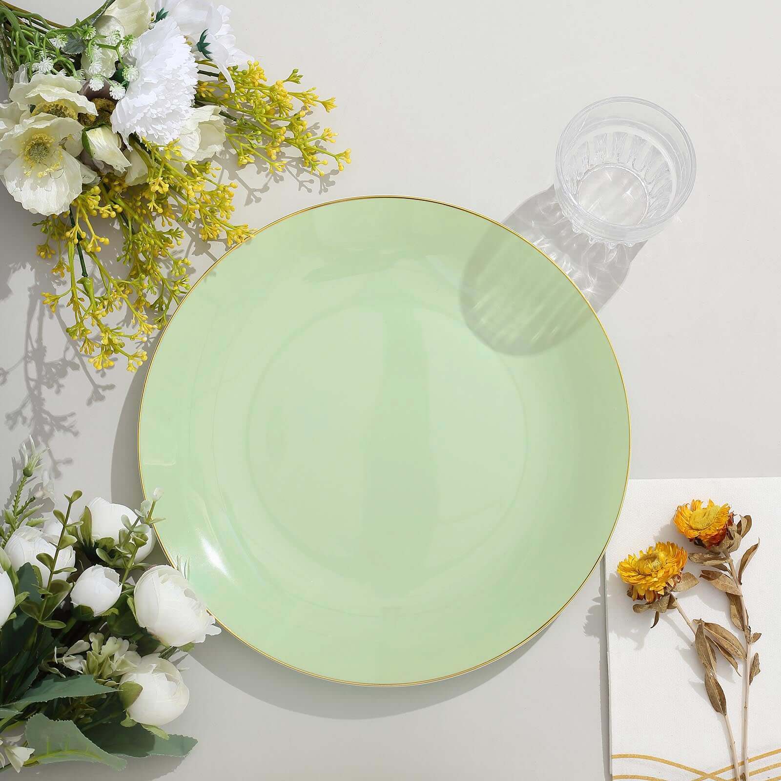 10-Pack Plastic 10" Round Dinner Plates in Sage Green with Gold Rim - Glossy Disposable Party Plates