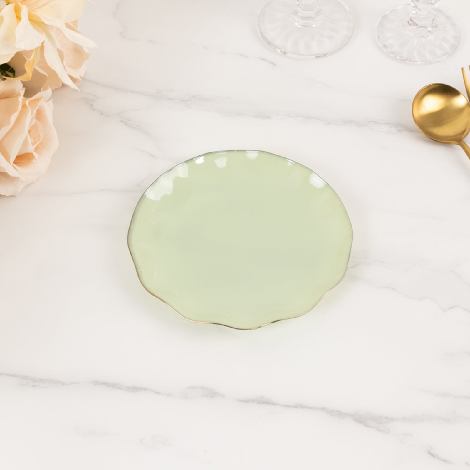 10-Pack Plastic Round 6" Dessert Plates in Sage Green Ruffled Rim with Gold Edging - Sturdy Disposable Salad Appetizer Dinnerware