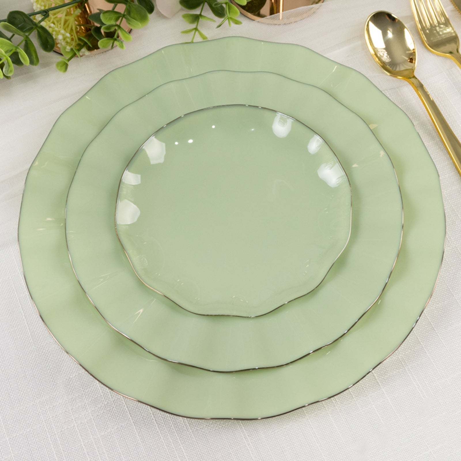 10-Pack Plastic Round 6" Dessert Plates in Sage Green Ruffled Rim with Gold Edging - Sturdy Disposable Salad Appetizer Dinnerware