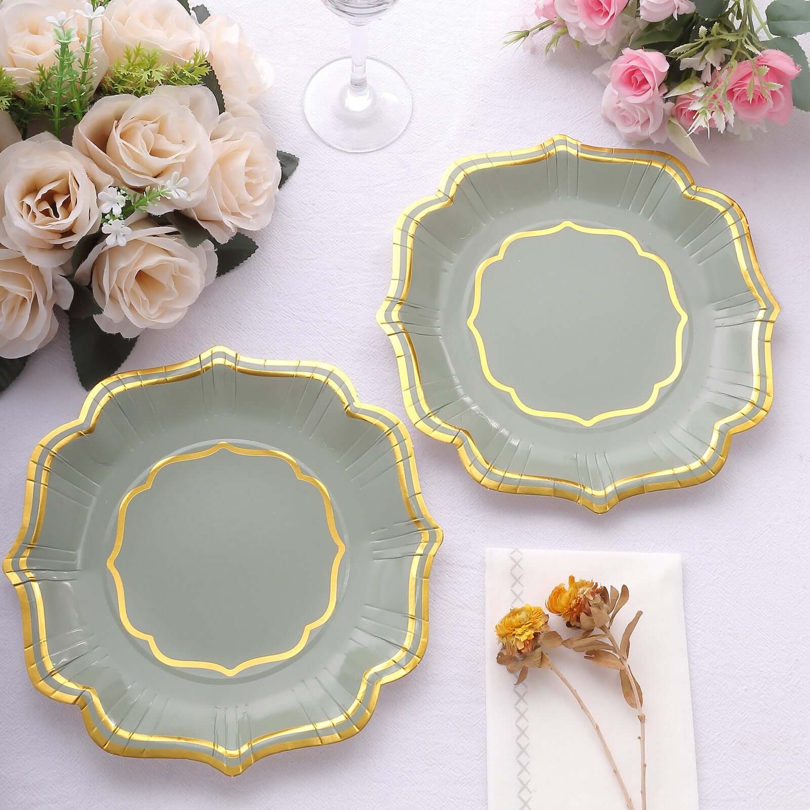 25-Pack Paper Dessert Plates in Sage Green with Gold Scallop Rim - Disposable 300GSM Appetizer Salad Plates 8"