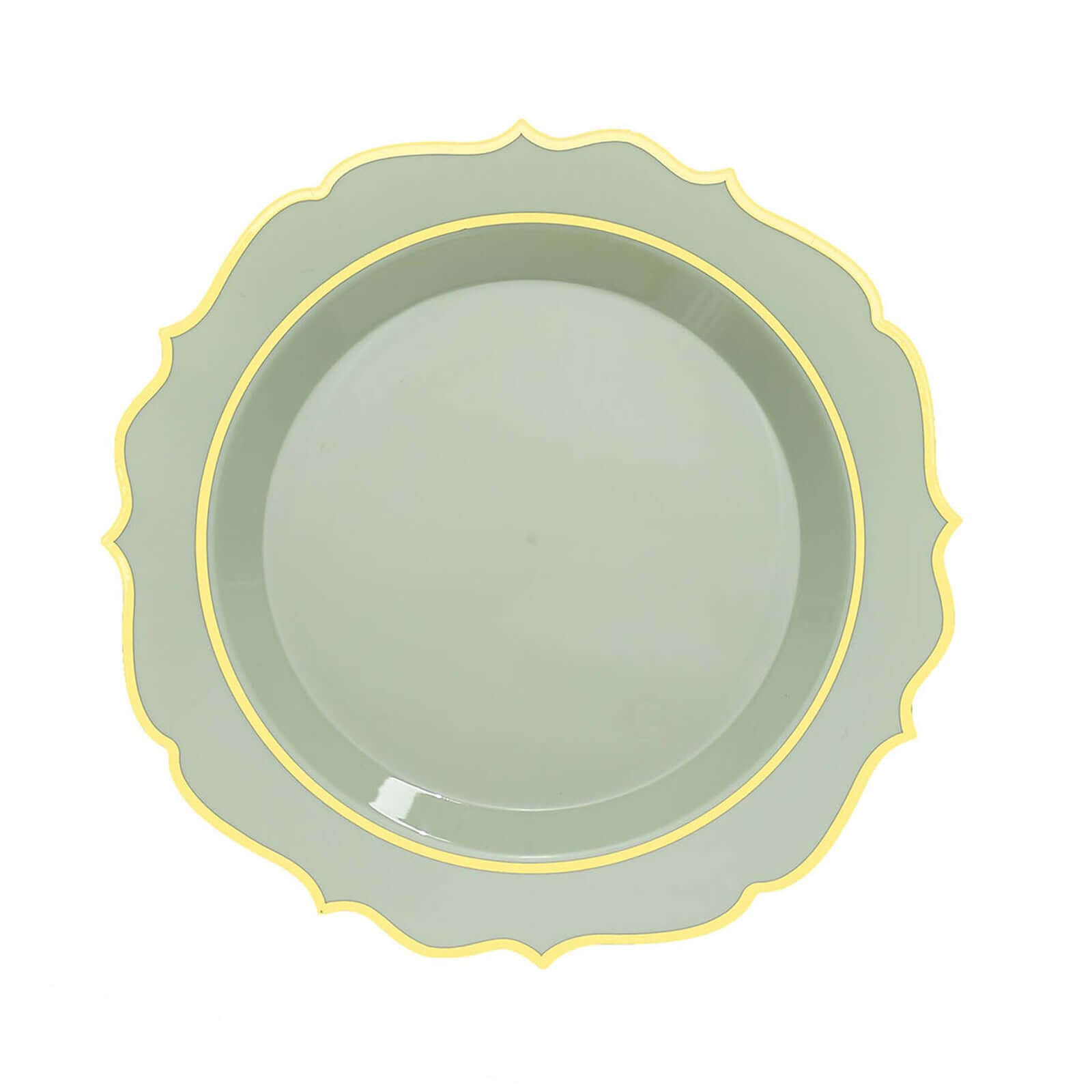 10-Pack Plastic 8" Round Dessert Plates in Sage Green with Gold Scalloped Rim - Disposable Appetizer/Salad Plates