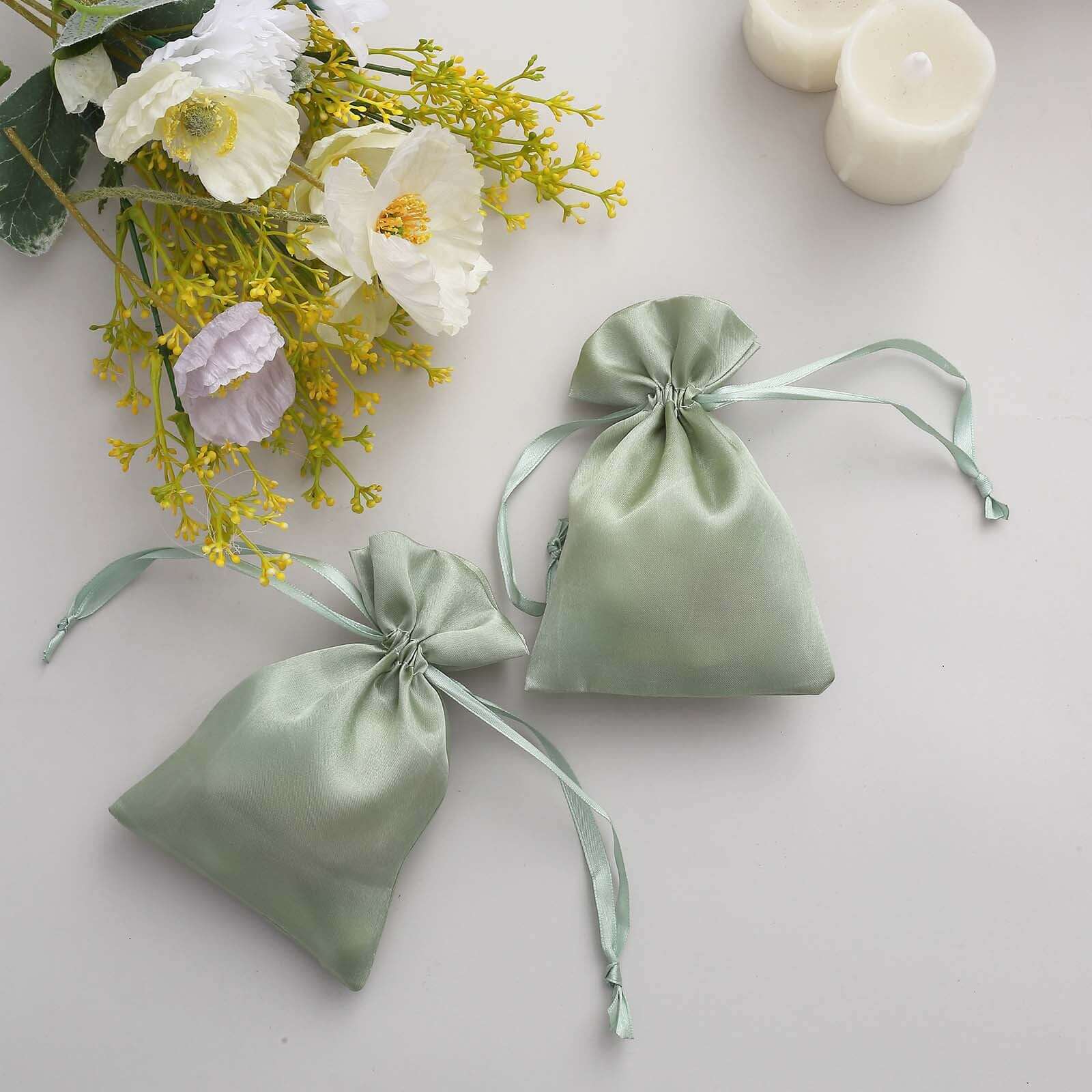 12 Pack 4"x6" Sage Green Satin Drawstring Wedding Party Favor Gift Bags