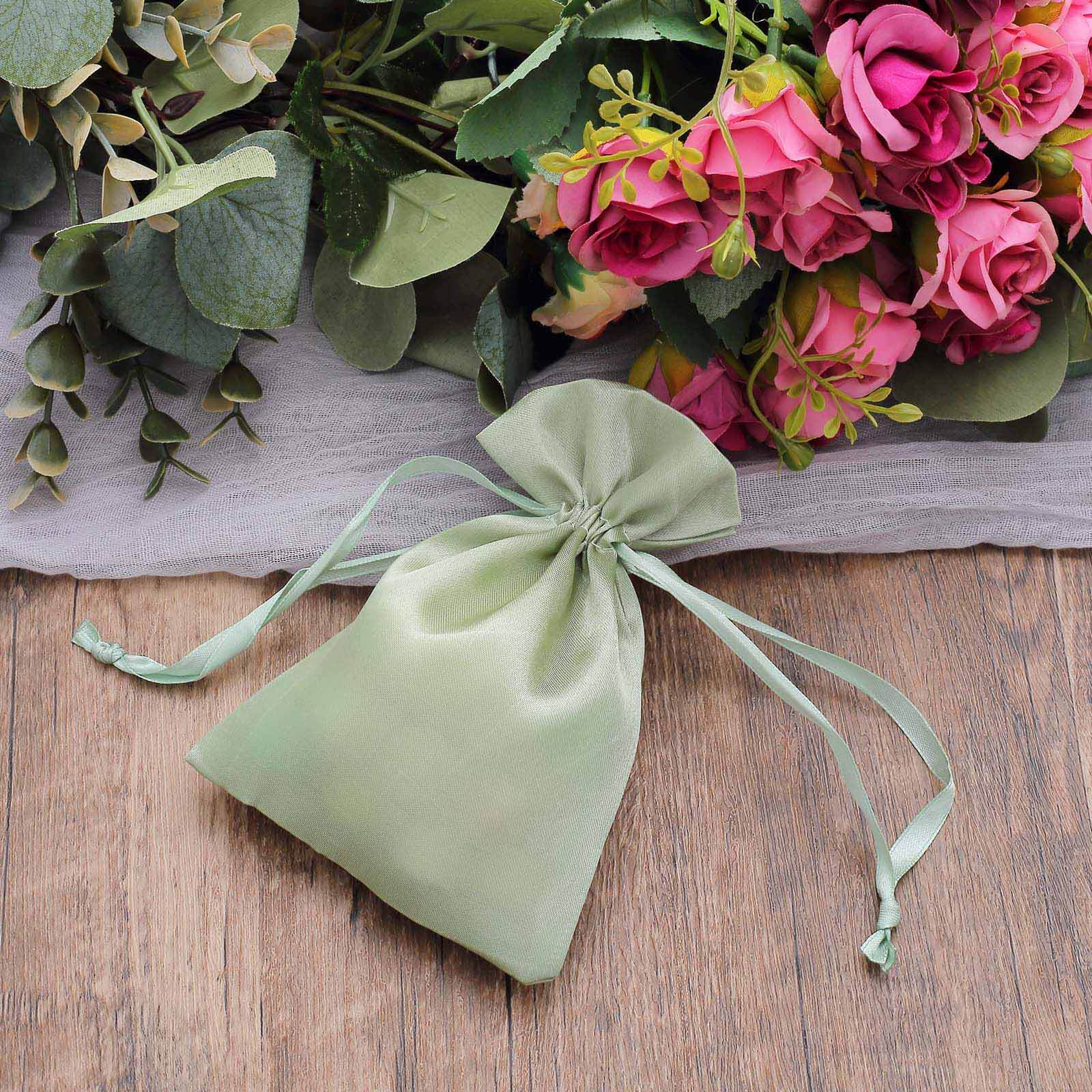 12 Pack 4"x6" Sage Green Satin Drawstring Wedding Party Favor Gift Bags