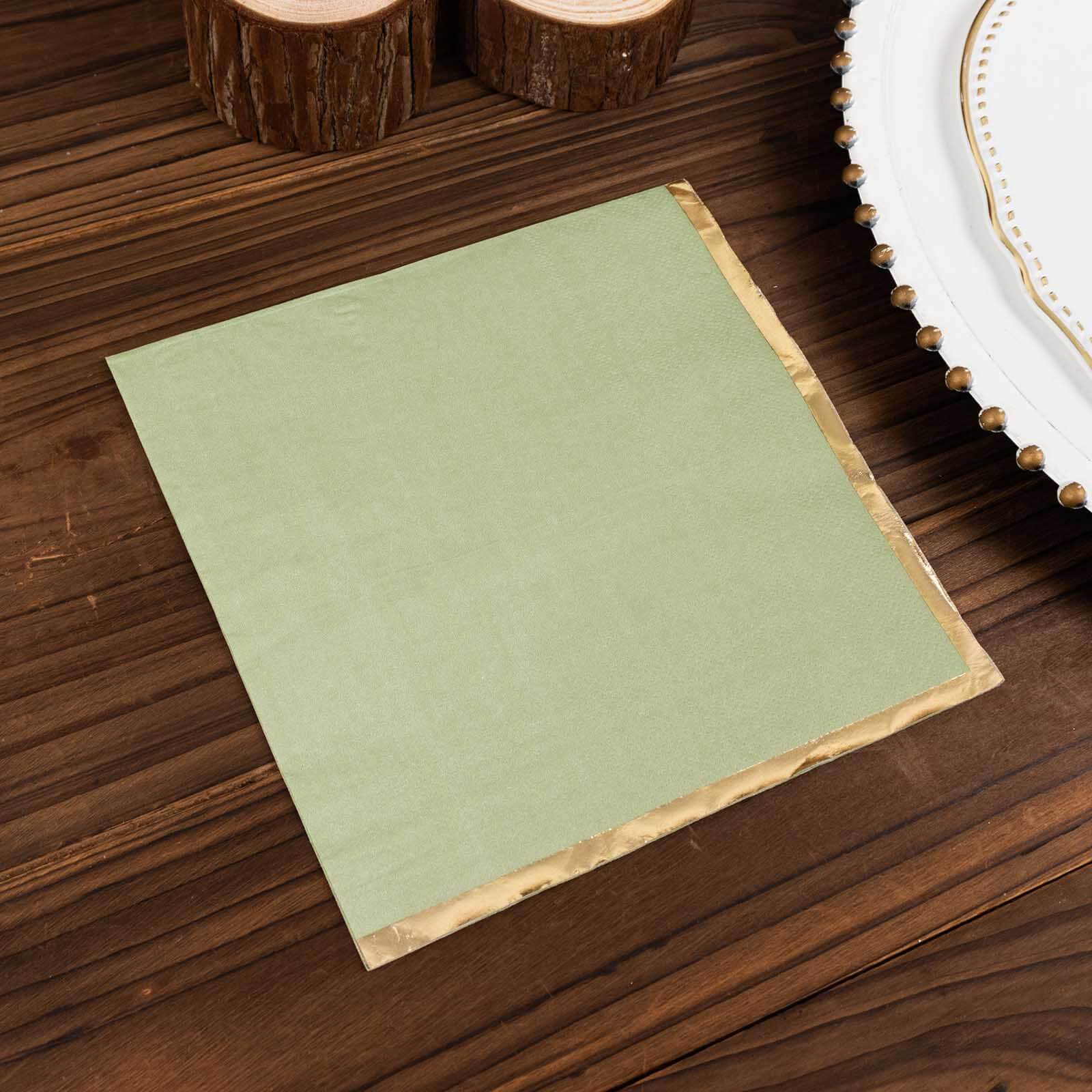 50-Pack Paper Beverage Napkins with Gold Foil Edge Sage Green - Disposable 2 Ply Cocktail Napkins for Events 6.5"x6.5"
