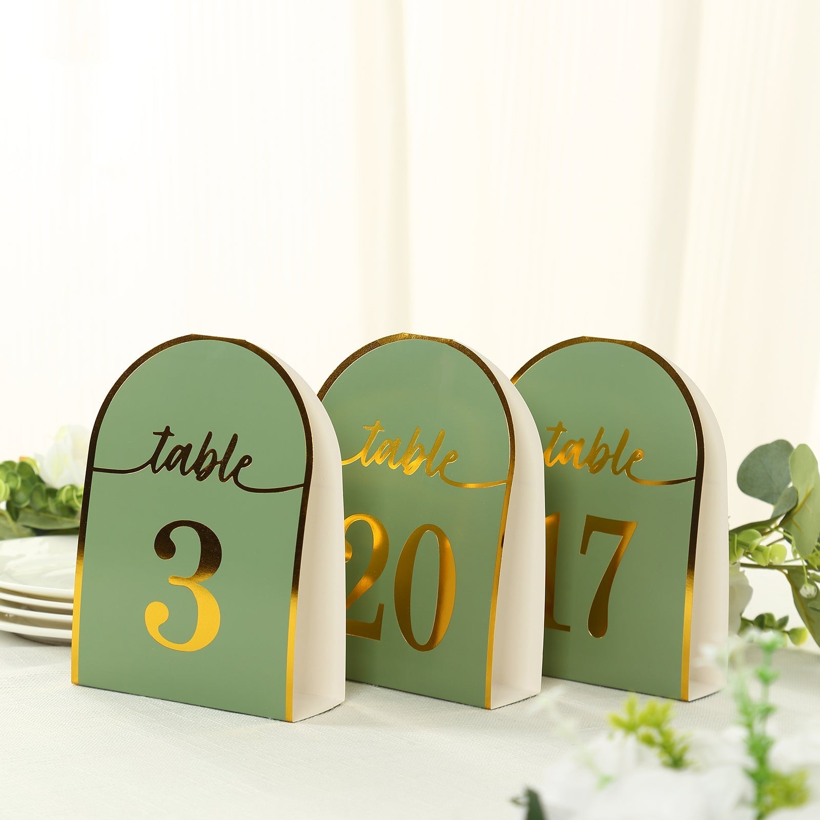 25-Pack 7" Disposable Table Numbers, Sage Green Free Standing Double Sided Table Number Place Cards with Metallic Gold Foil Numbers 1-25