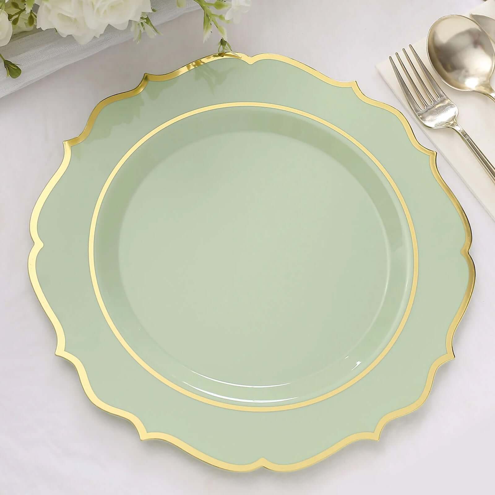 10-Pack Plastic 10" Round Dinner Plates in Sage Green with Gold Scalloped Rim - Disposable Party Plates