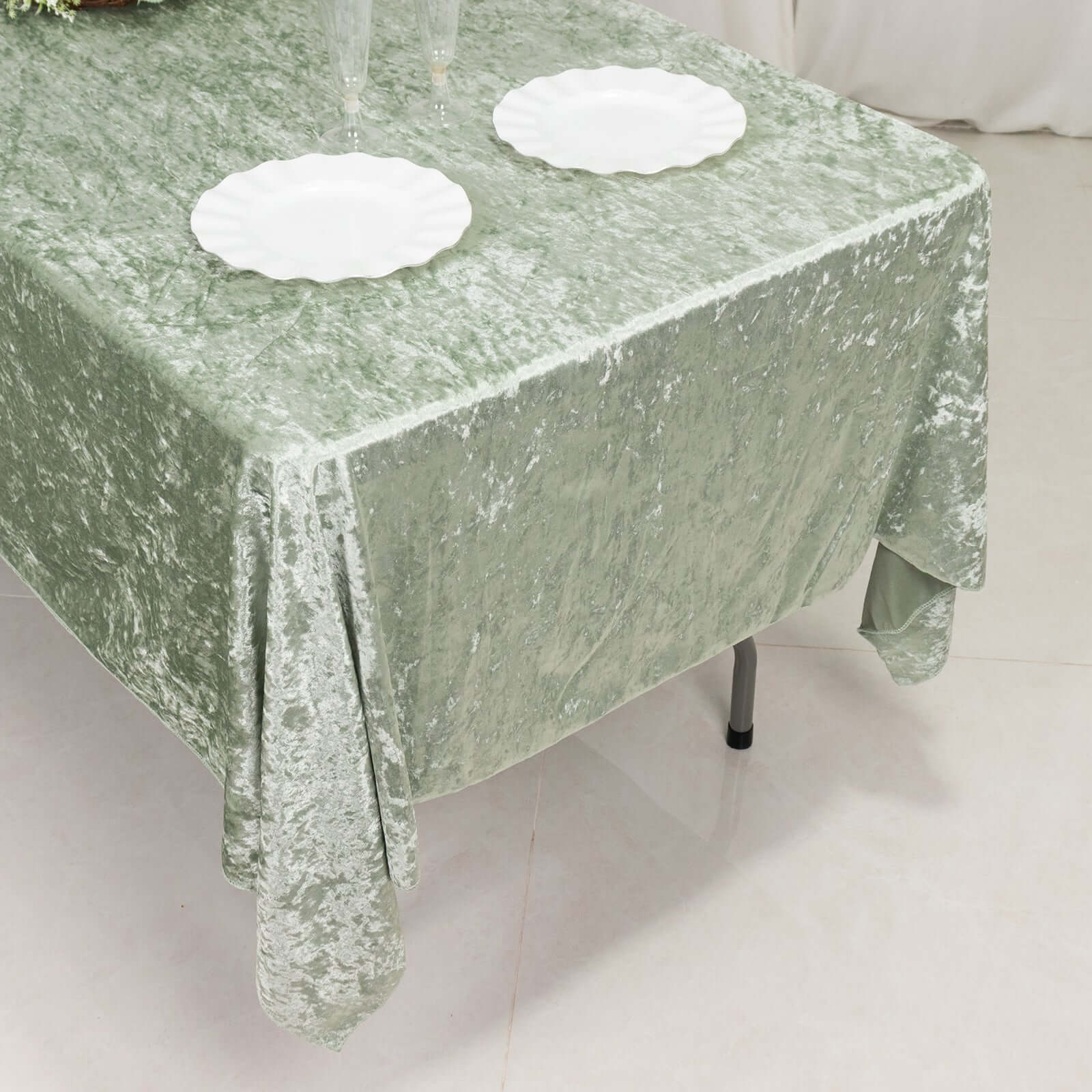 Premium Crushed Velvet 60"x102" Rectangle Tablecloth Sage Green - Reusable Soft Table Cover