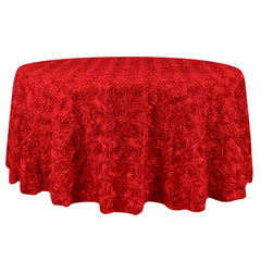Satin 132" Round Tablecloth Red - Seamless Grandiose 3D Rosette Table Cover