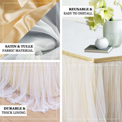 Extra Long Tulle 14ft Table Skirt White with Satin Edge - Table Cover for Baby Showers & Events