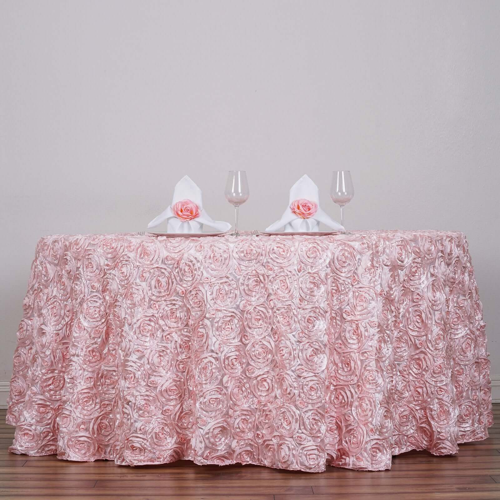 Satin 120" Round Tablecloth Blush - Grandiose 3D Rosette with Seamless Finish Table Cover